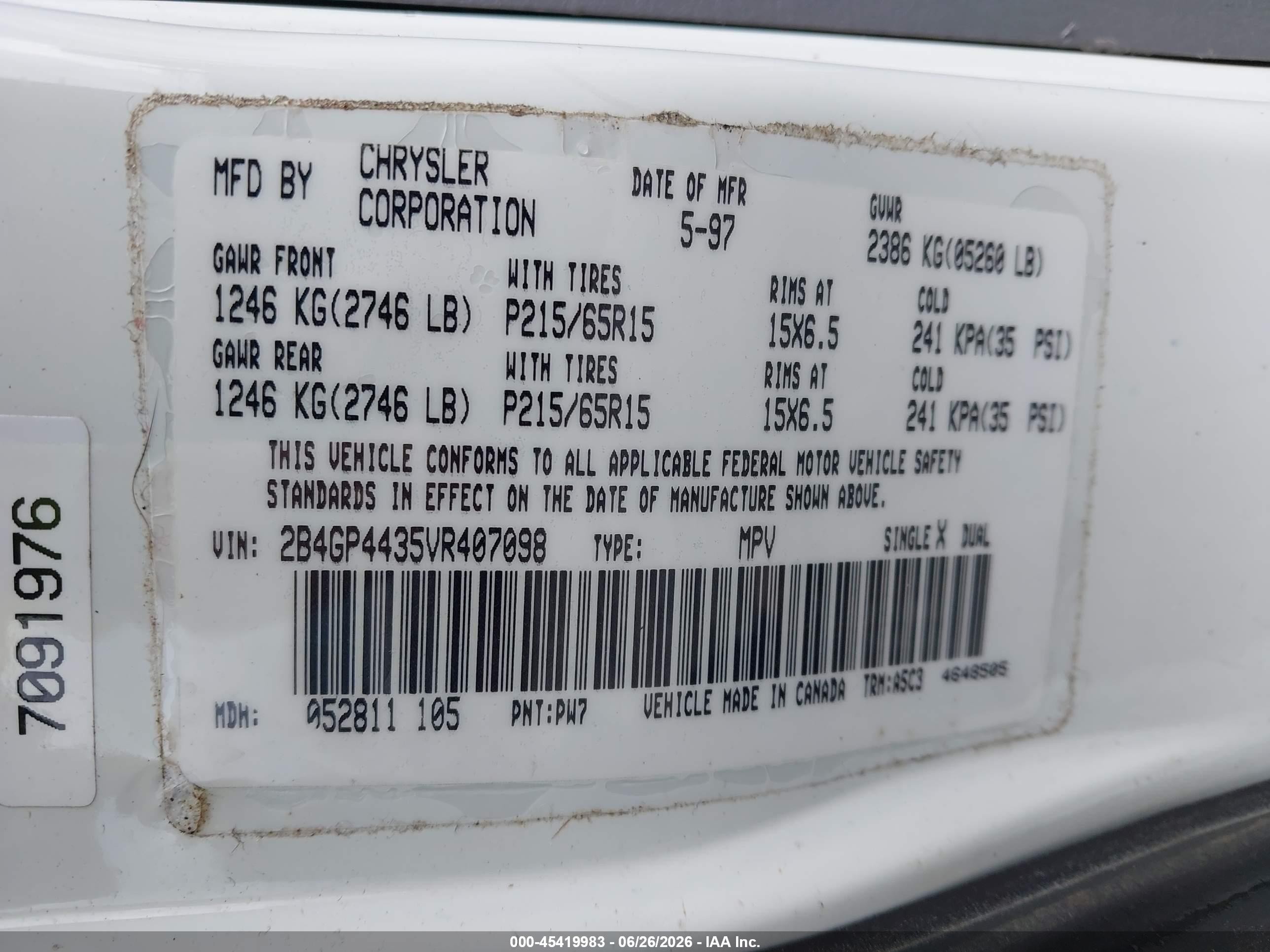 1997 Dodge Caravan Se White vin: 2B4GP4435VR407098