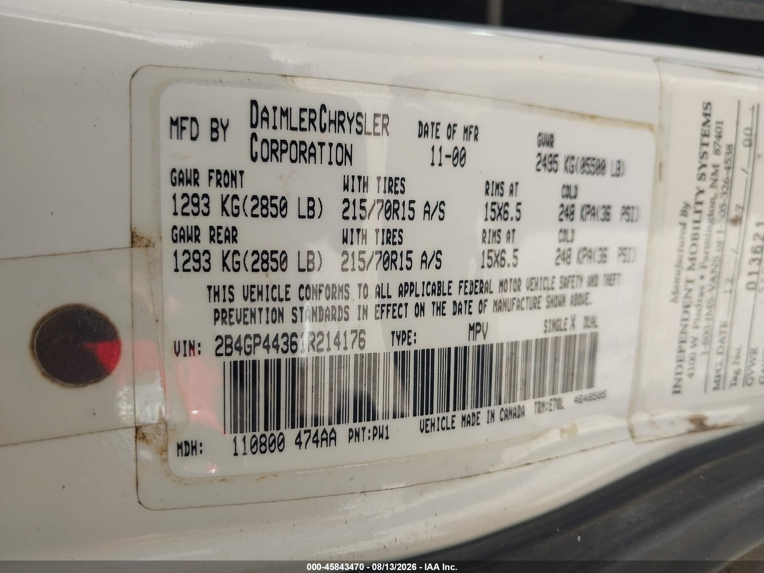 2001 Dodge Grand Caravan Sport White vin: 2B4GP44361R214176