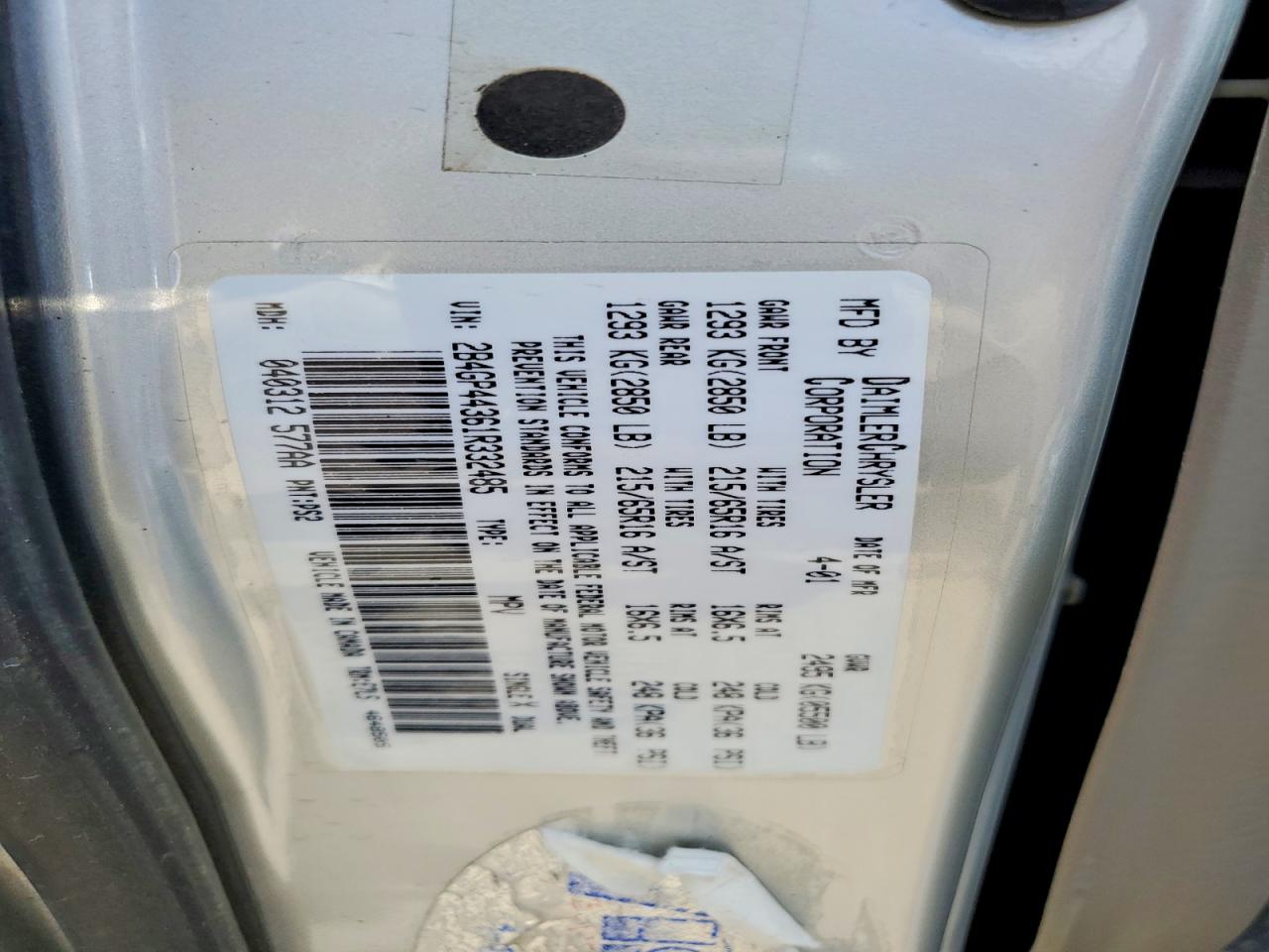 2001 Dodge Grand Caravan Sport Серебряный vin: 2B4GP44361R332485