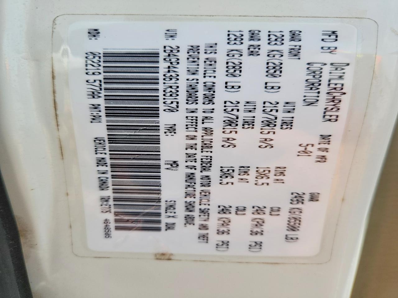 2001 Dodge Grand Caravan Sport White vin: 2B4GP44361R391570