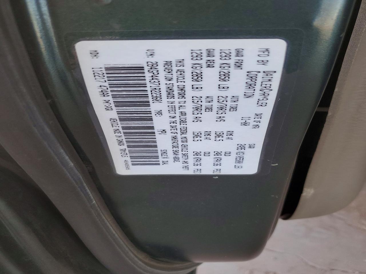 2001 Dodge Grand Caravan Sport Green vin: 2B4GP44371R223601