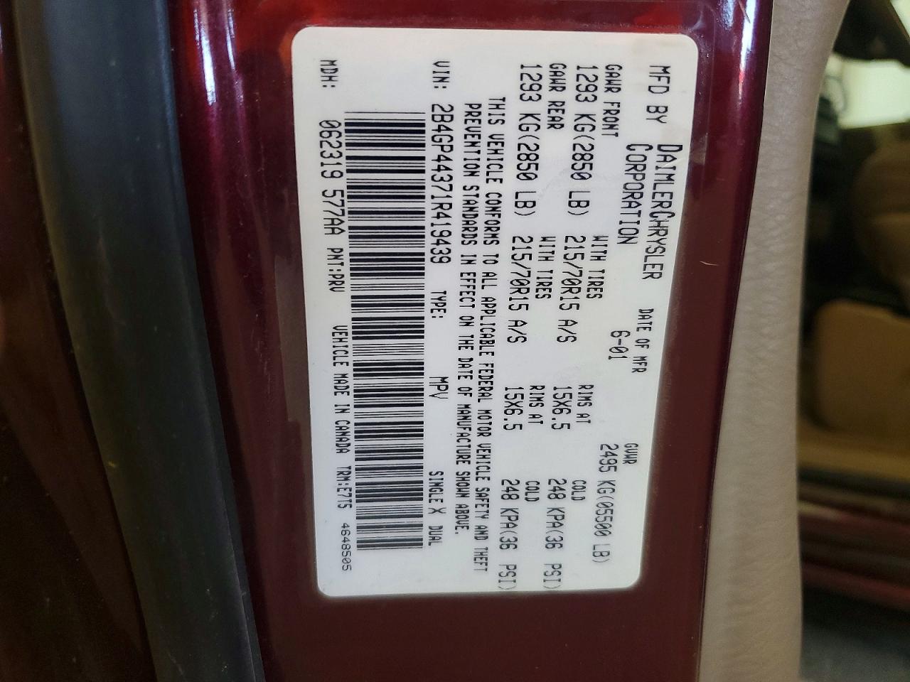 2001 Dodge Grand Caravan Sport Burgundy vin: 2B4GP44371R419439