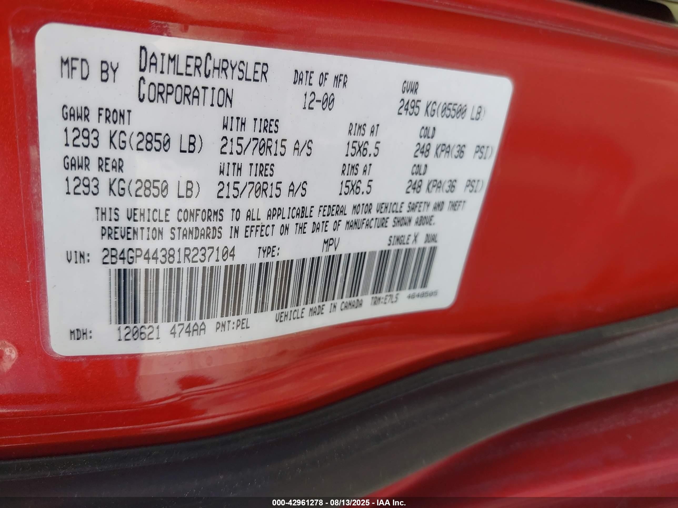 2001 Dodge Grand Caravan Sport Red vin: 2B4GP44381R237104
