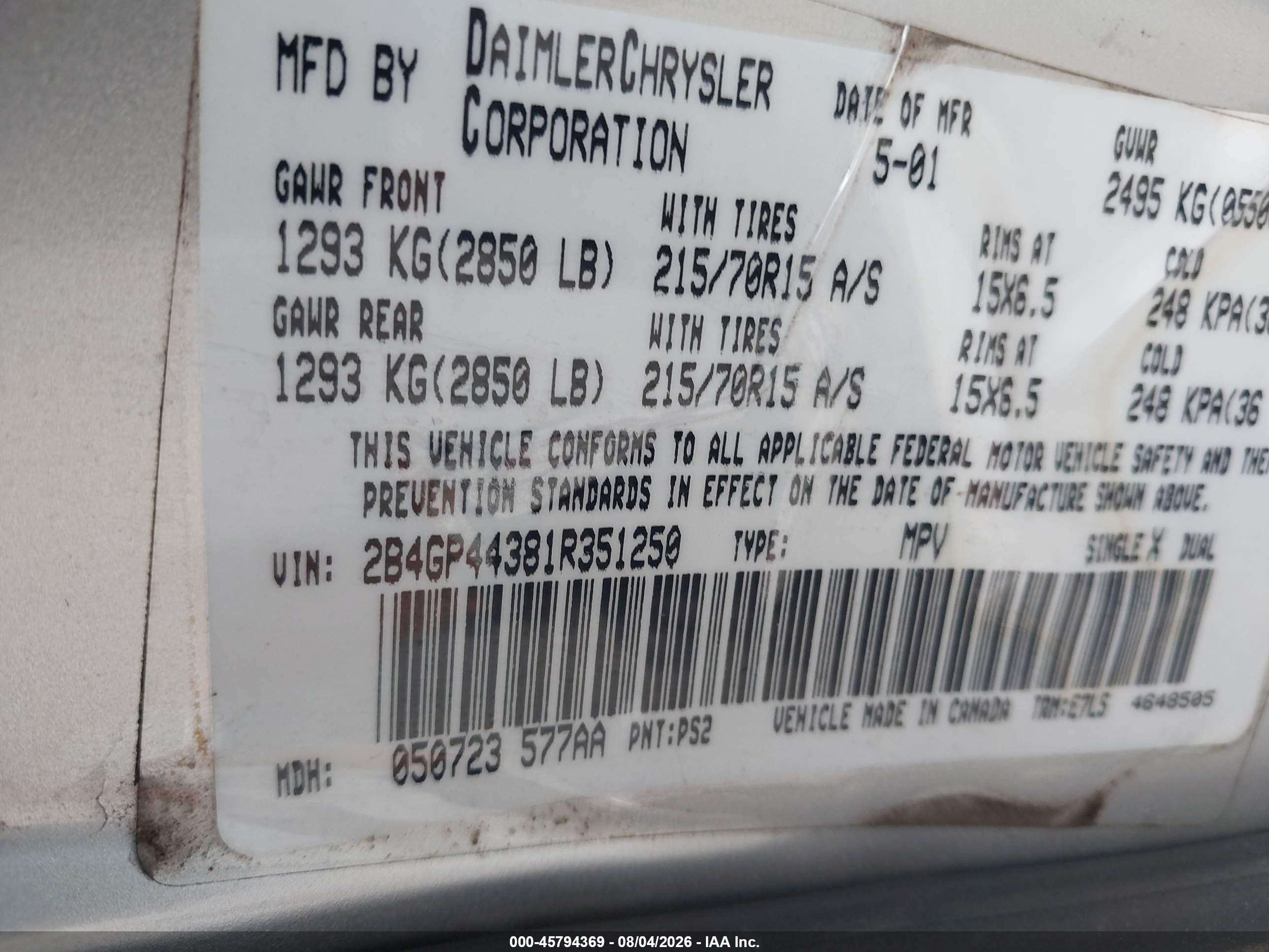 2001 Dodge Grand Caravan Sport Silver vin: 2B4GP44381R351250