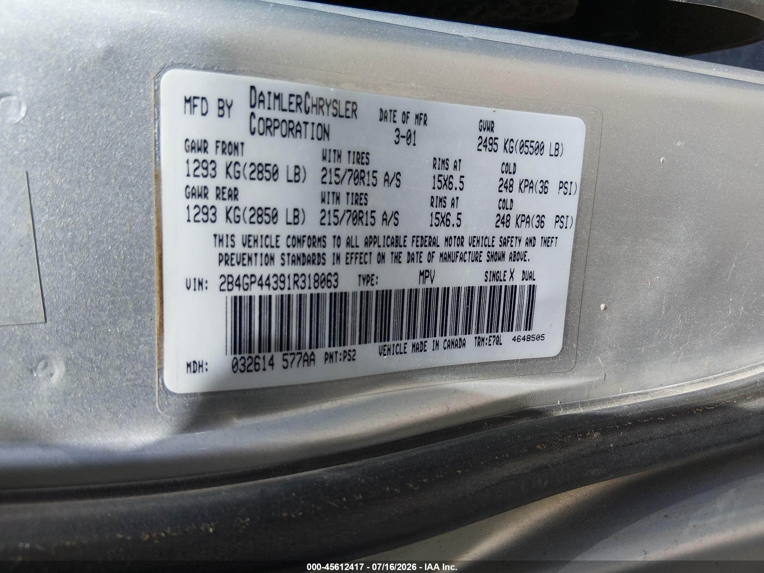 2001 Dodge Grand Caravan Sport Silver vin: 2B4GP44391R318063