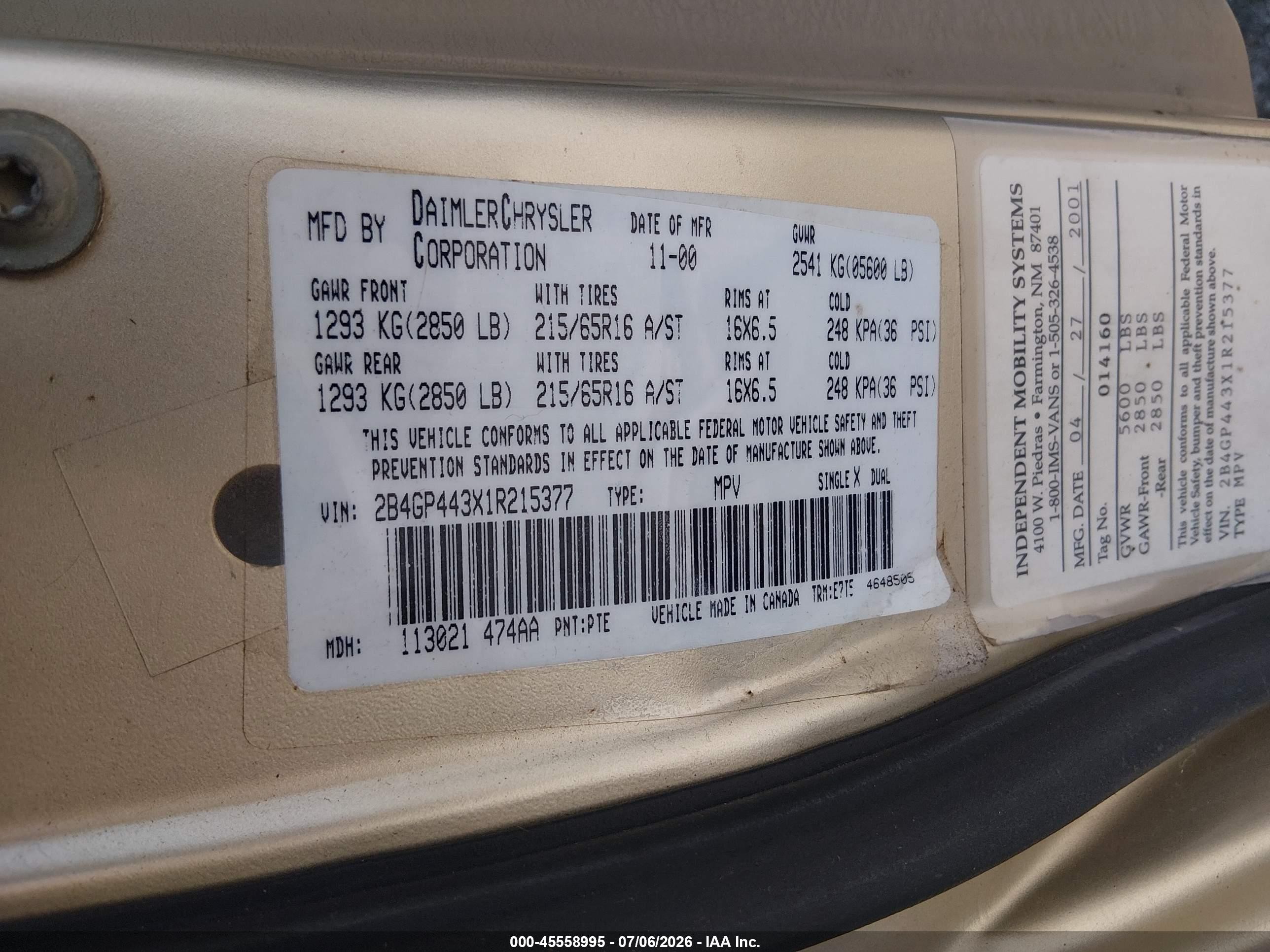 2001 Dodge Grand Caravan Sport Champagne vin: 2B4GP443X1R215377