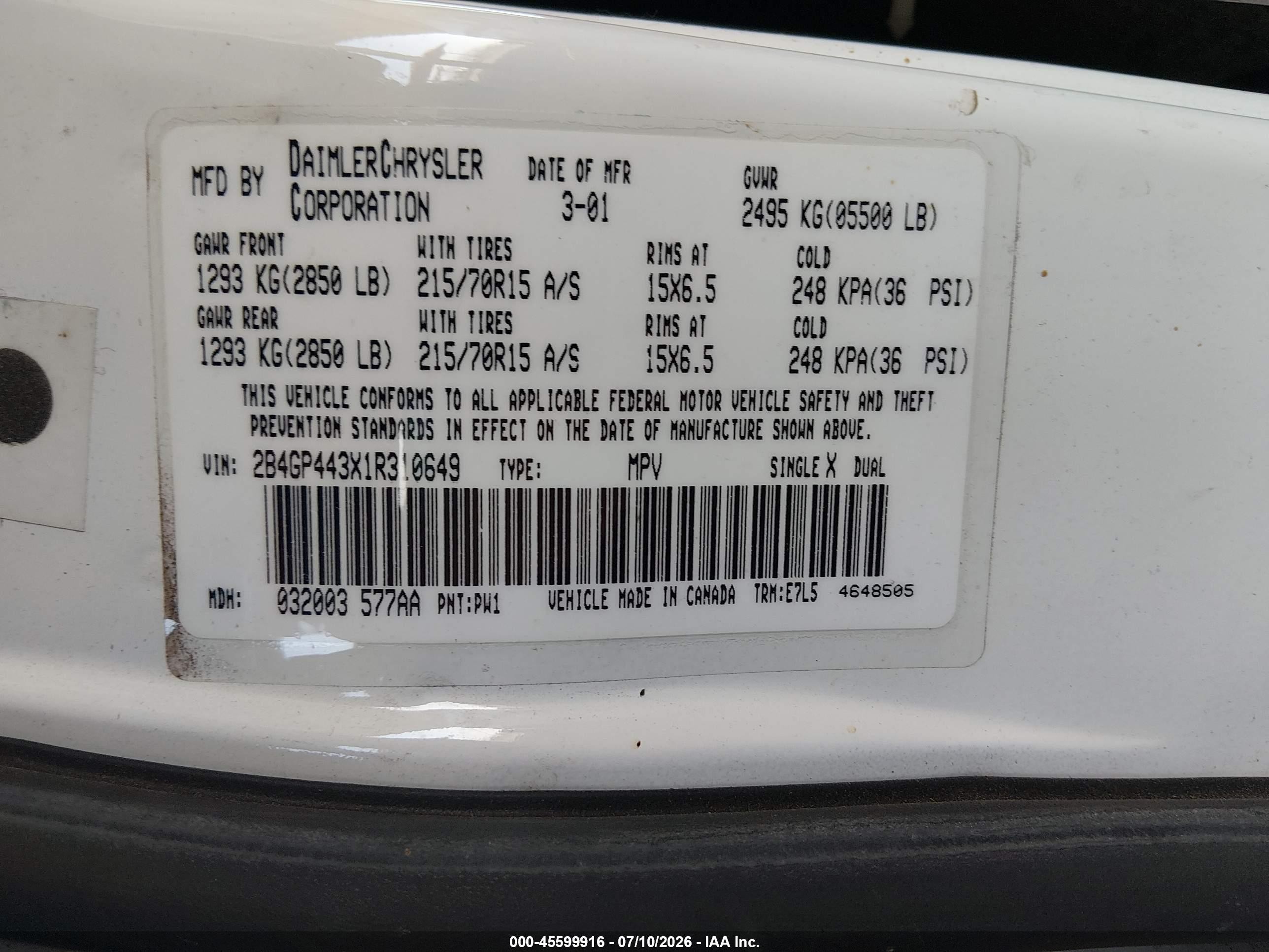 2001 Dodge Grand Caravan Sport White vin: 2B4GP443X1R310649