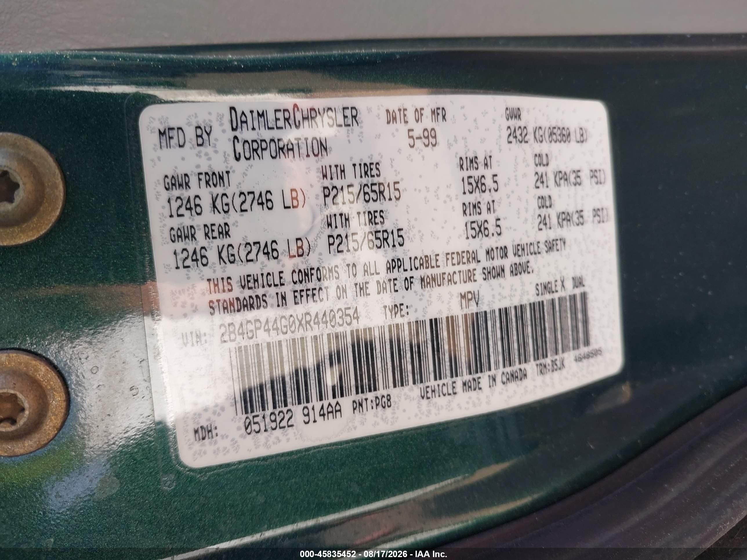 1999 Dodge Grand Caravan Se Green vin: 2B4GP44G0XR440354