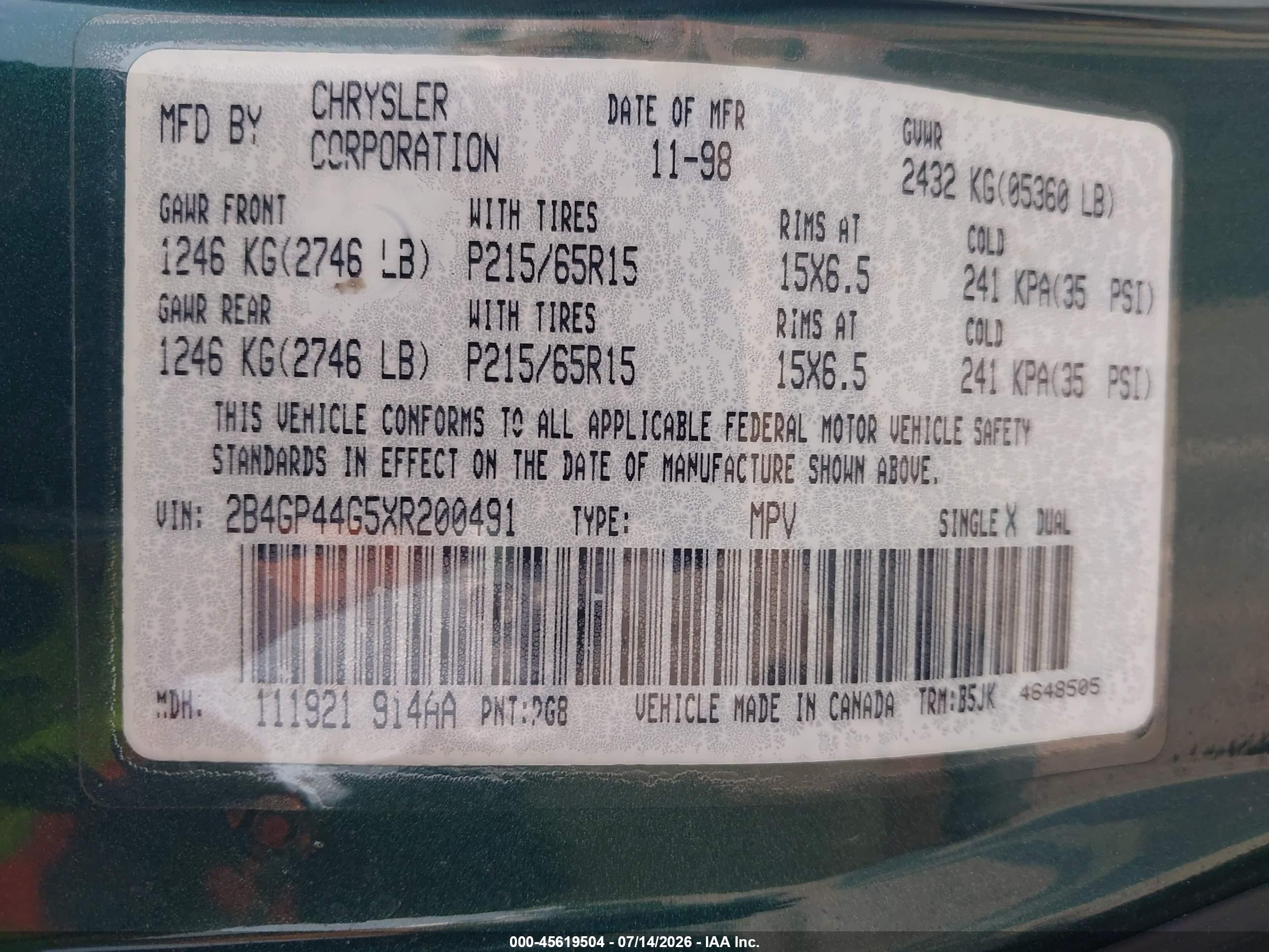 1999 Dodge Grand Caravan Se Green vin: 2B4GP44G5XR200491