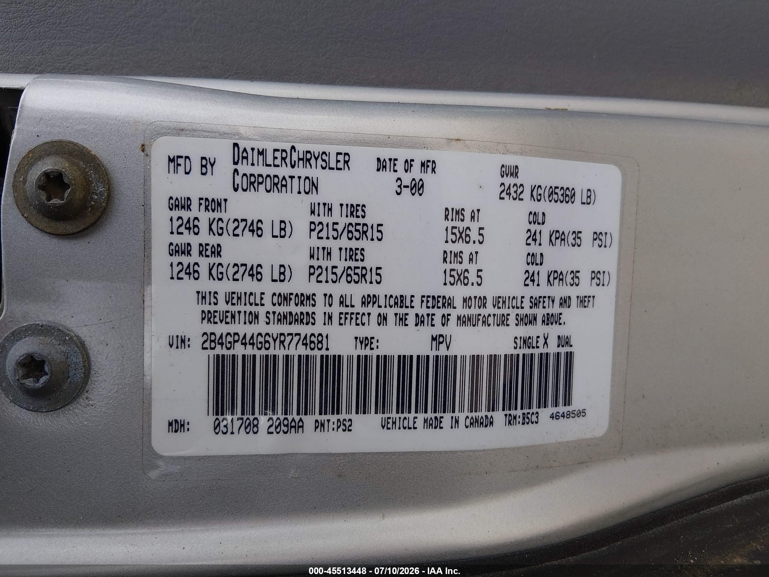 2000 Dodge Grand Caravan Se Серебряный vin: 2B4GP44G6YR774681