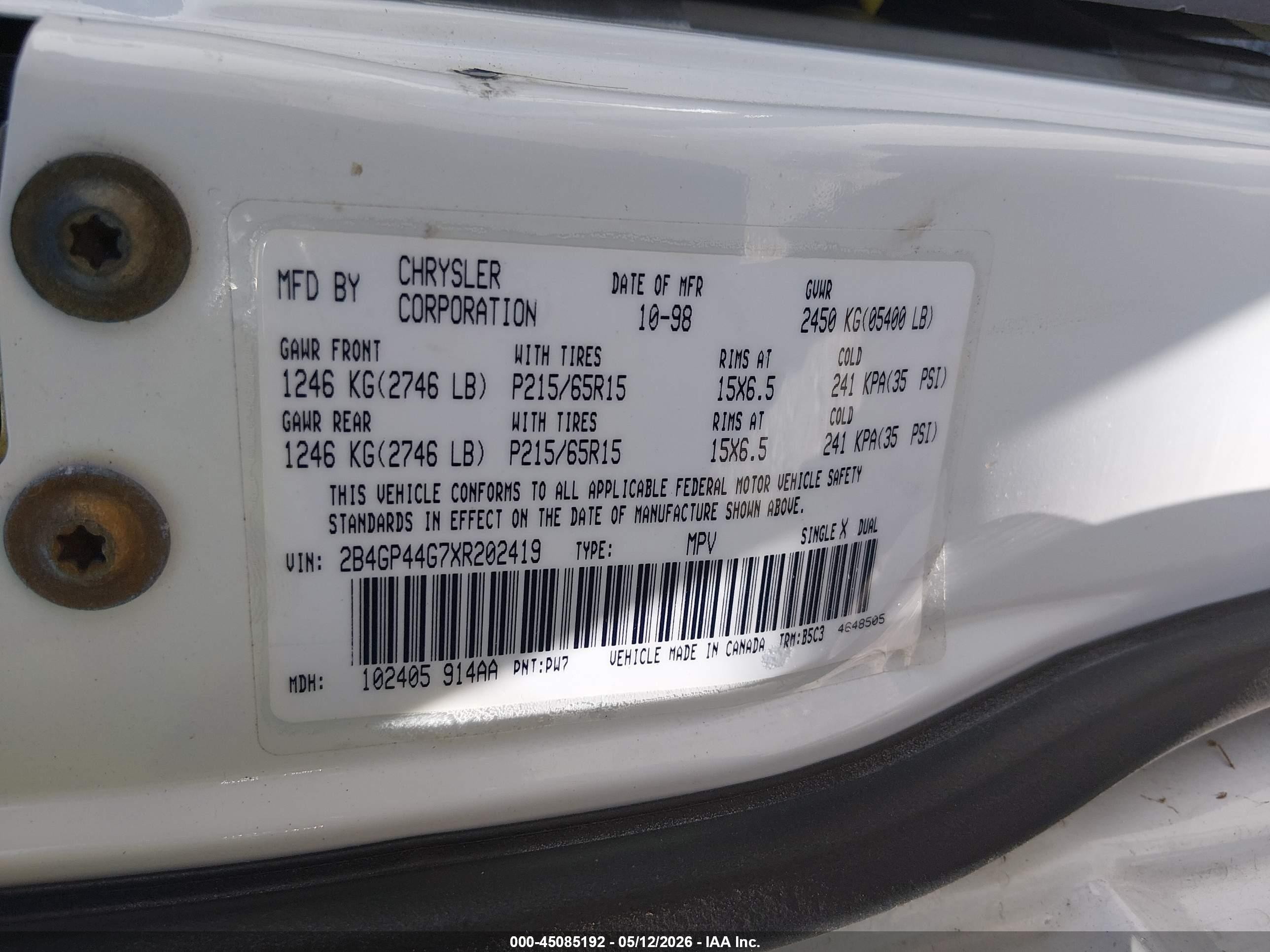 1999 Dodge Grand Caravan Se White vin: 2B4GP44G7XR202419