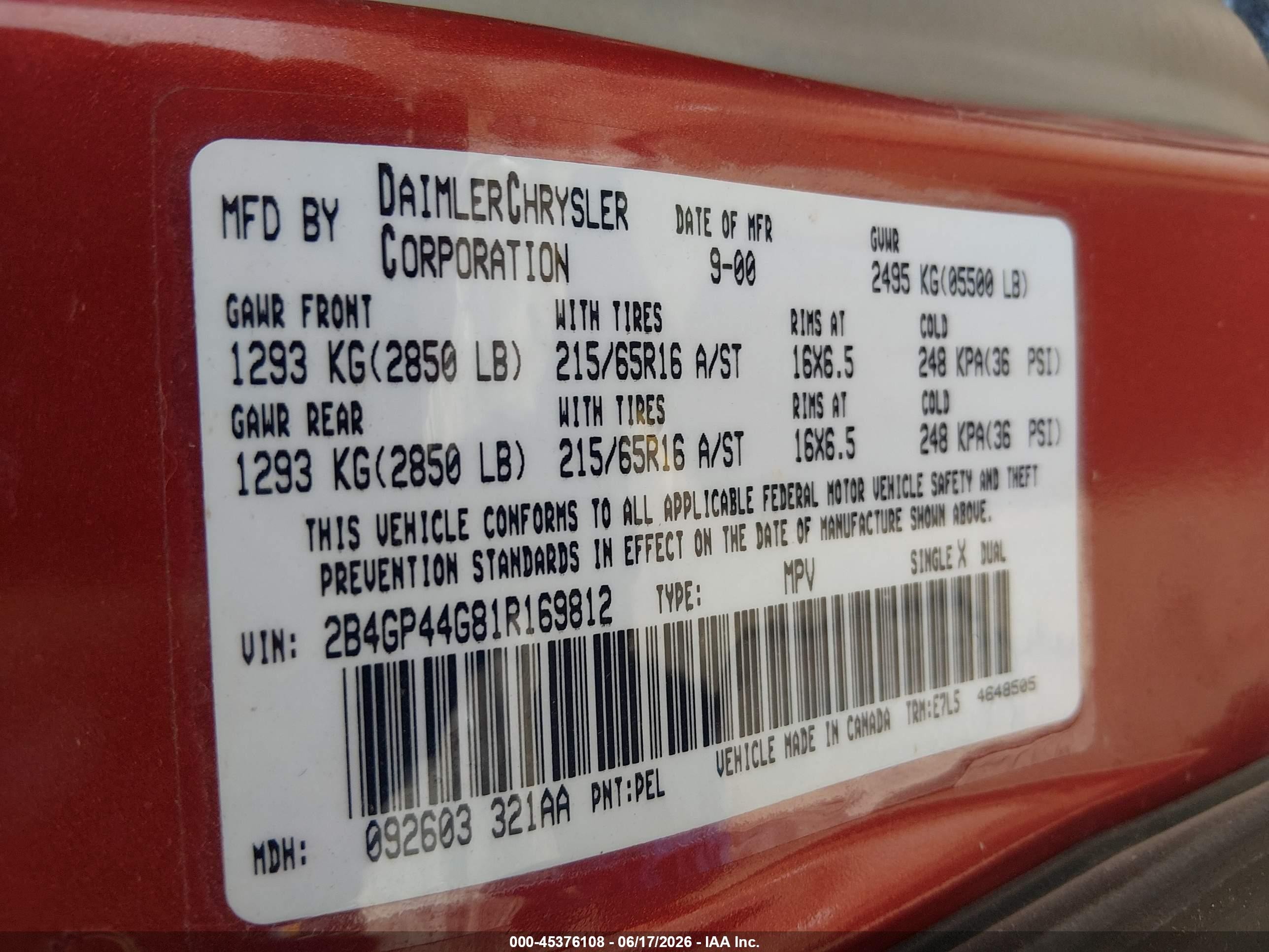 2001 Dodge Grand Caravan Sport Maroon vin: 2B4GP44G81R169812