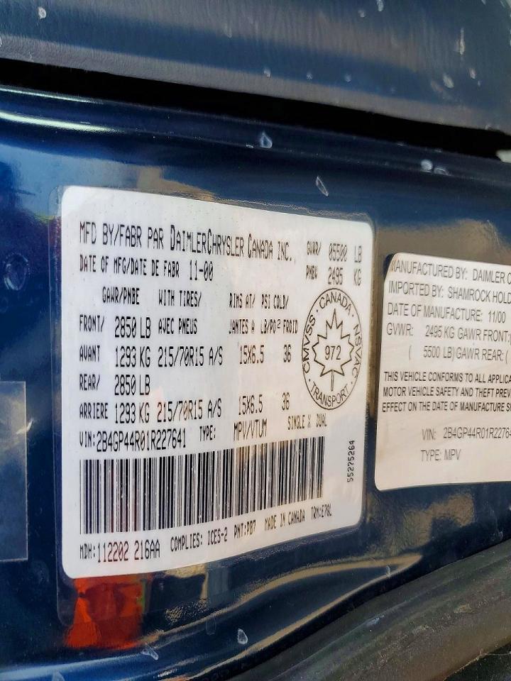 2001 Dodge Grand Caravan Sport Blue vin: 2B4GP44R01R227641