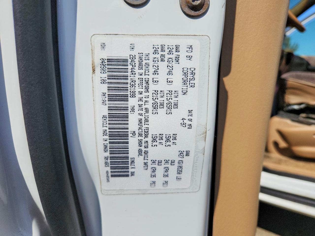 1997 Dodge Grand Caravan Se White vin: 2B4GP44R1VR361998