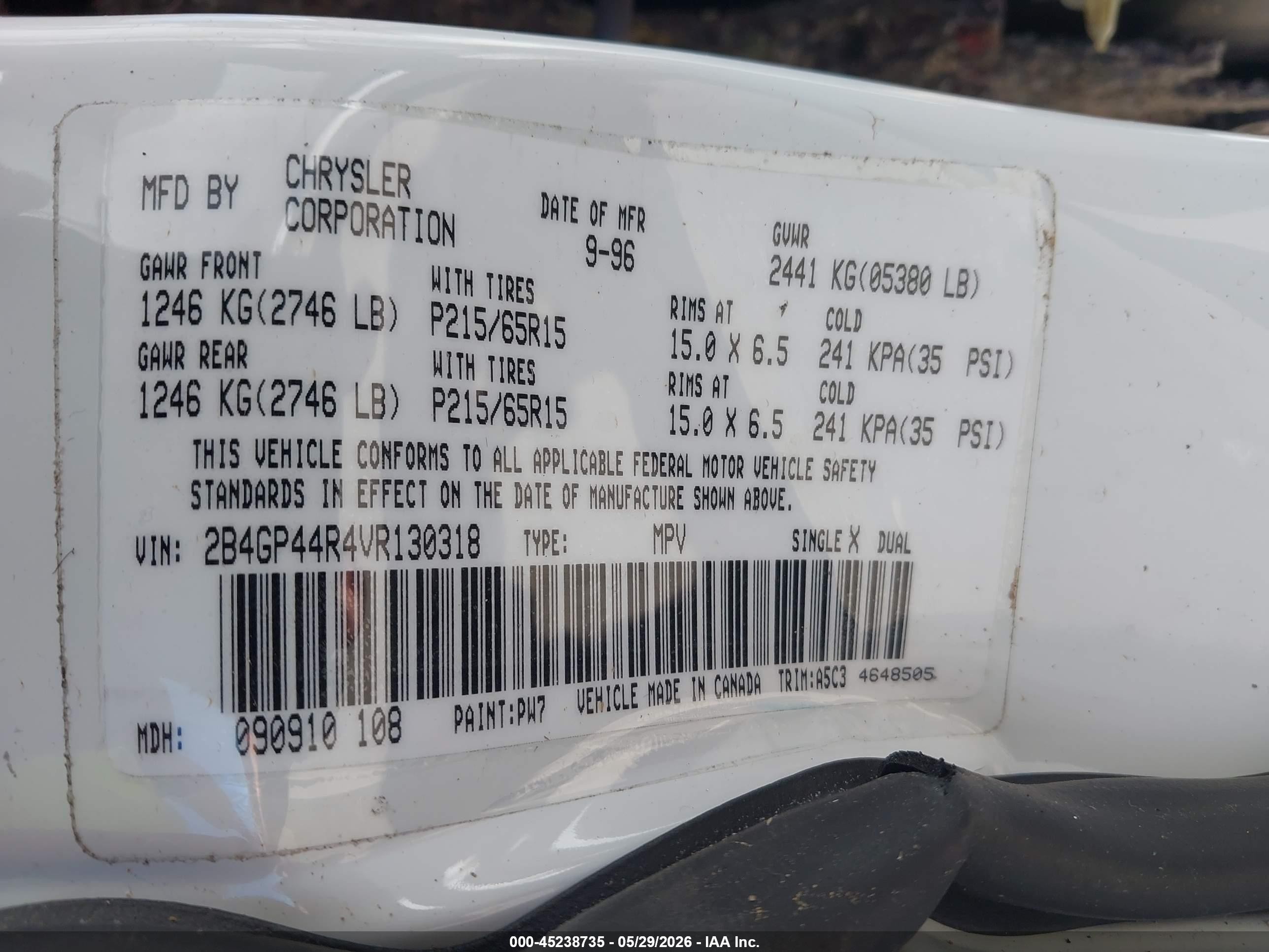 1997 Dodge Grand Caravan Se White vin: 2B4GP44R4VR130318