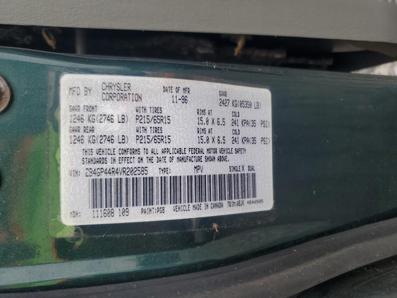 1997 Dodge Grand Caravan Se Green vin: 2B4GP44R4VR202585