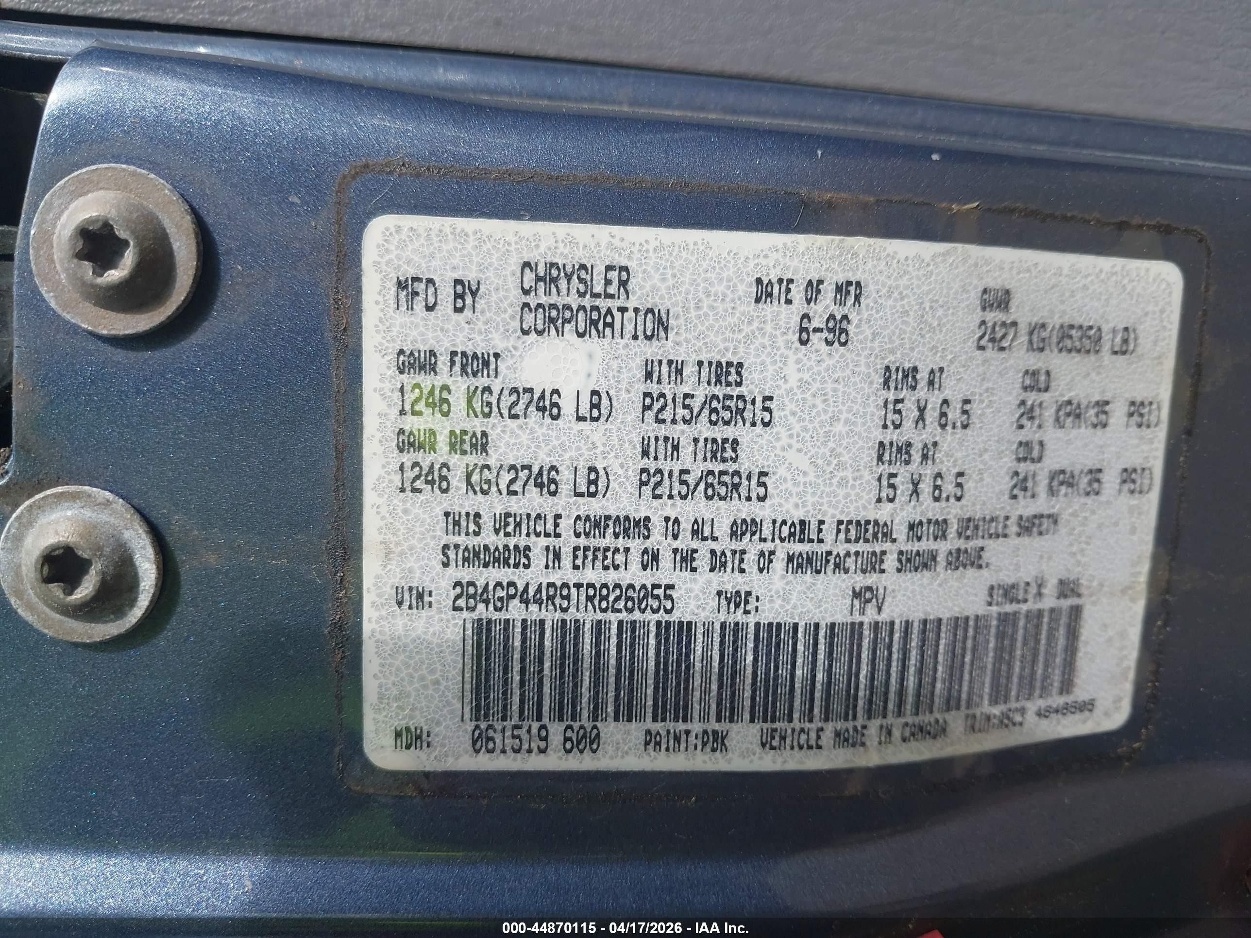 1996 Dodge Grand Caravan Se Gray vin: 2B4GP44R9TR826055