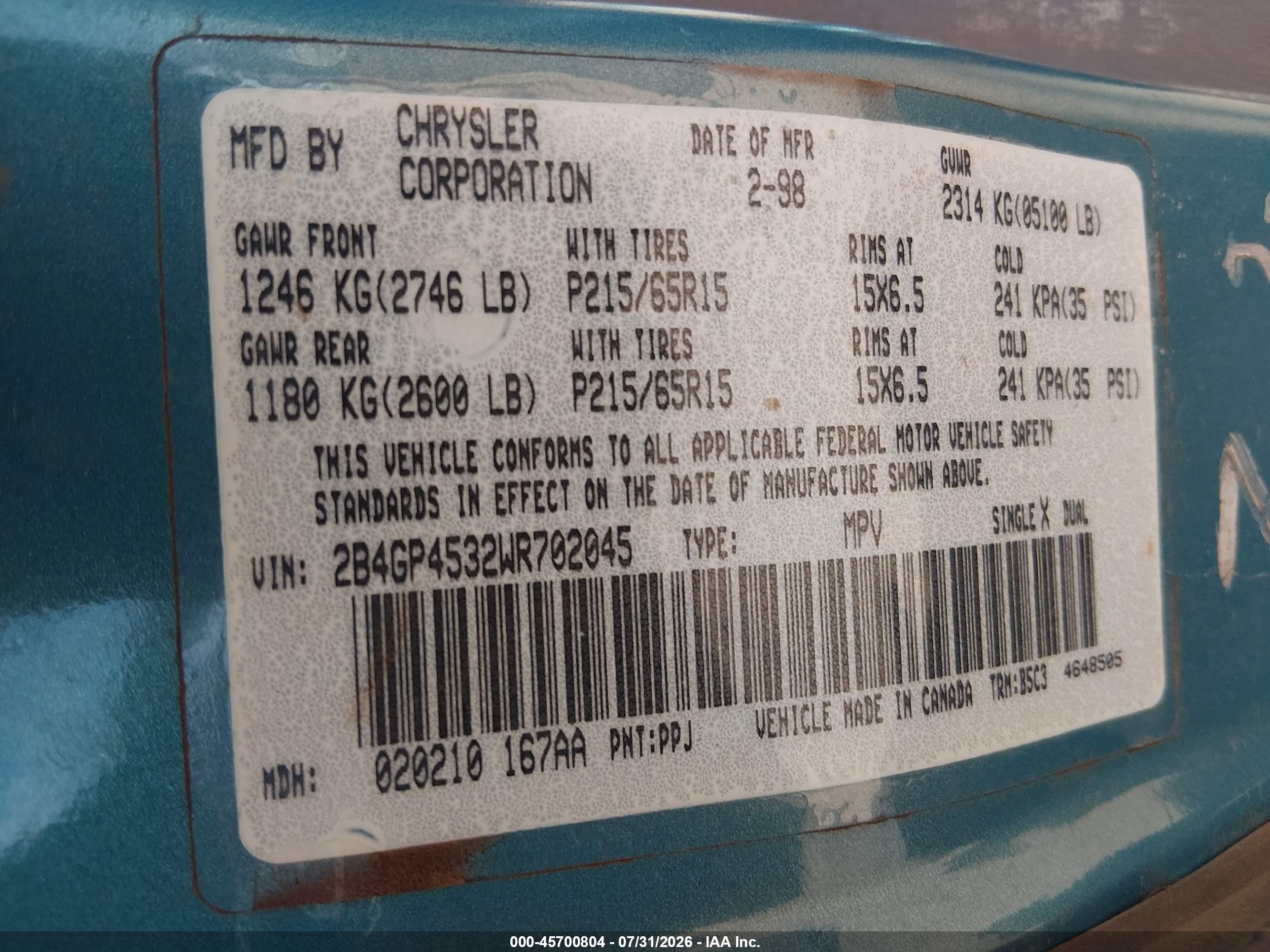 1998 Dodge Caravan Se Blue vin: 2B4GP4532WR702045