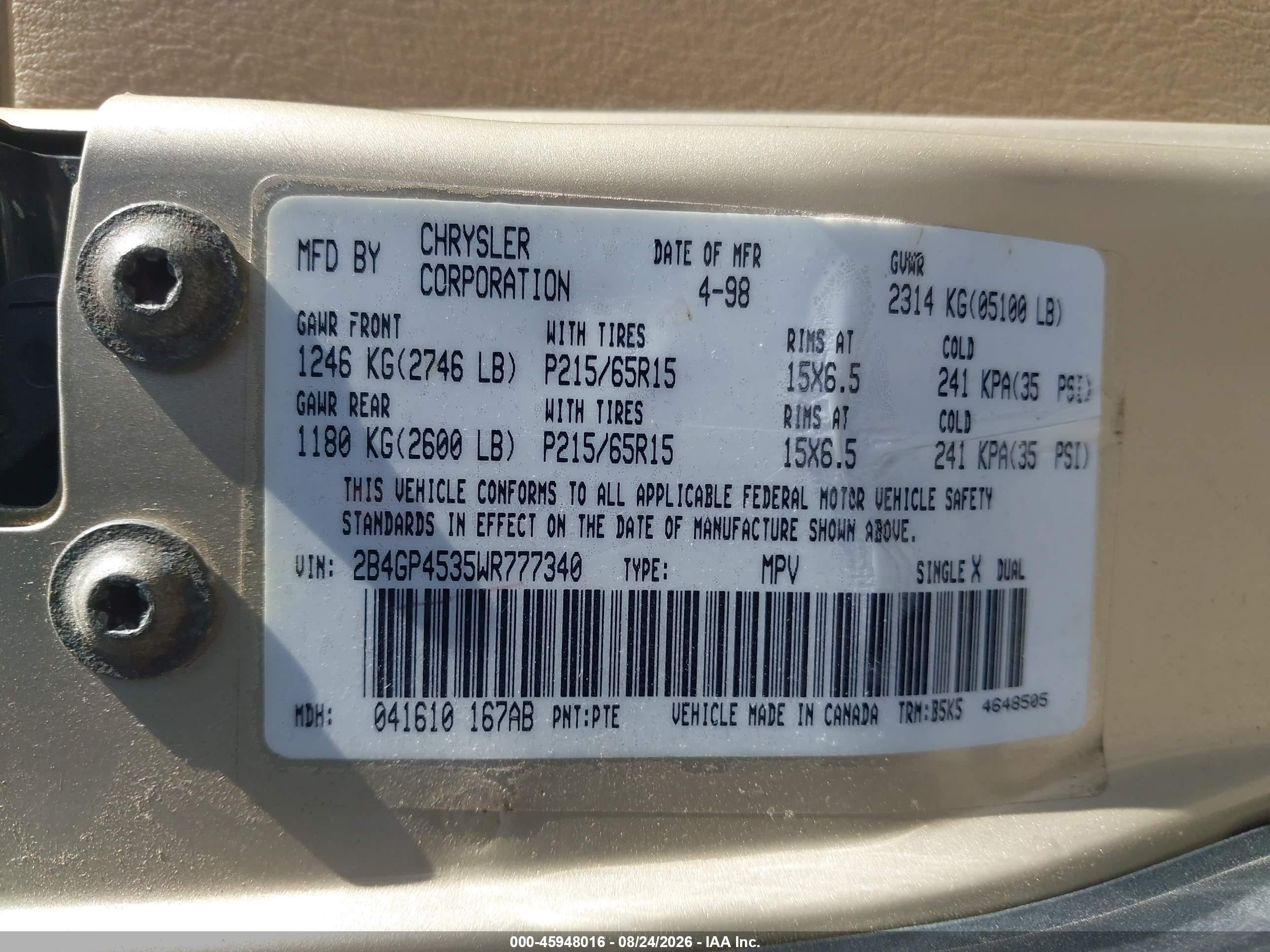 1998 Dodge Caravan Se Золотой vin: 2B4GP4535WR777340
