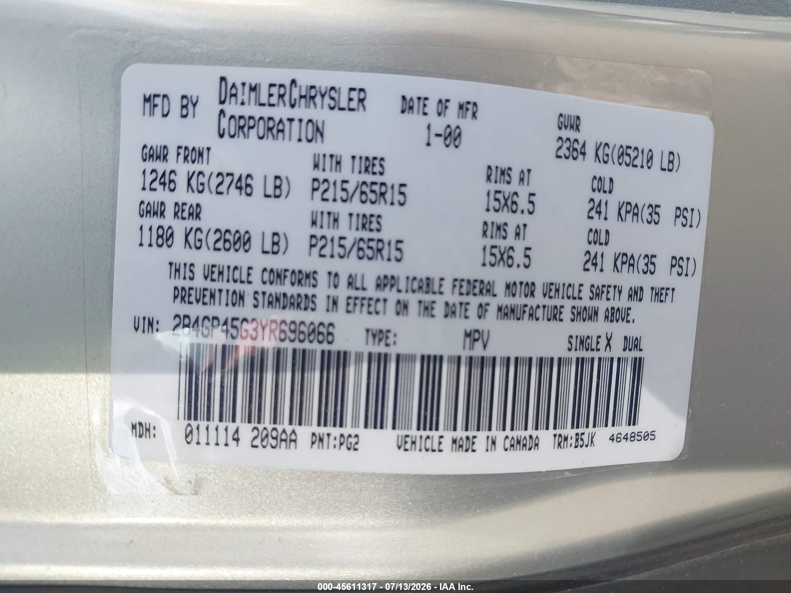 2000 Dodge Caravan Se Silver vin: 2B4GP45G3YR696066
