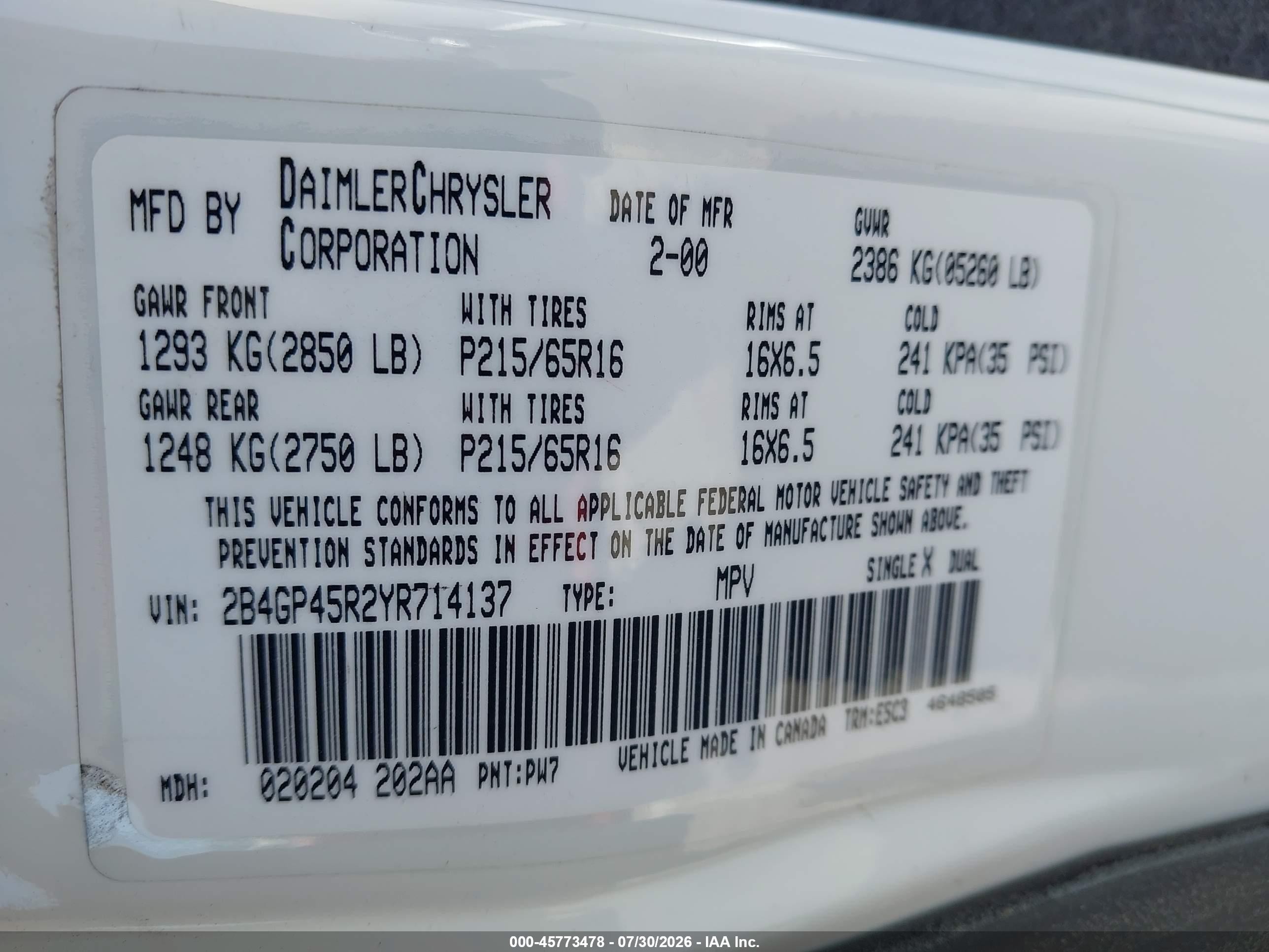2000 Dodge Caravan Se White vin: 2B4GP45R2YR714137