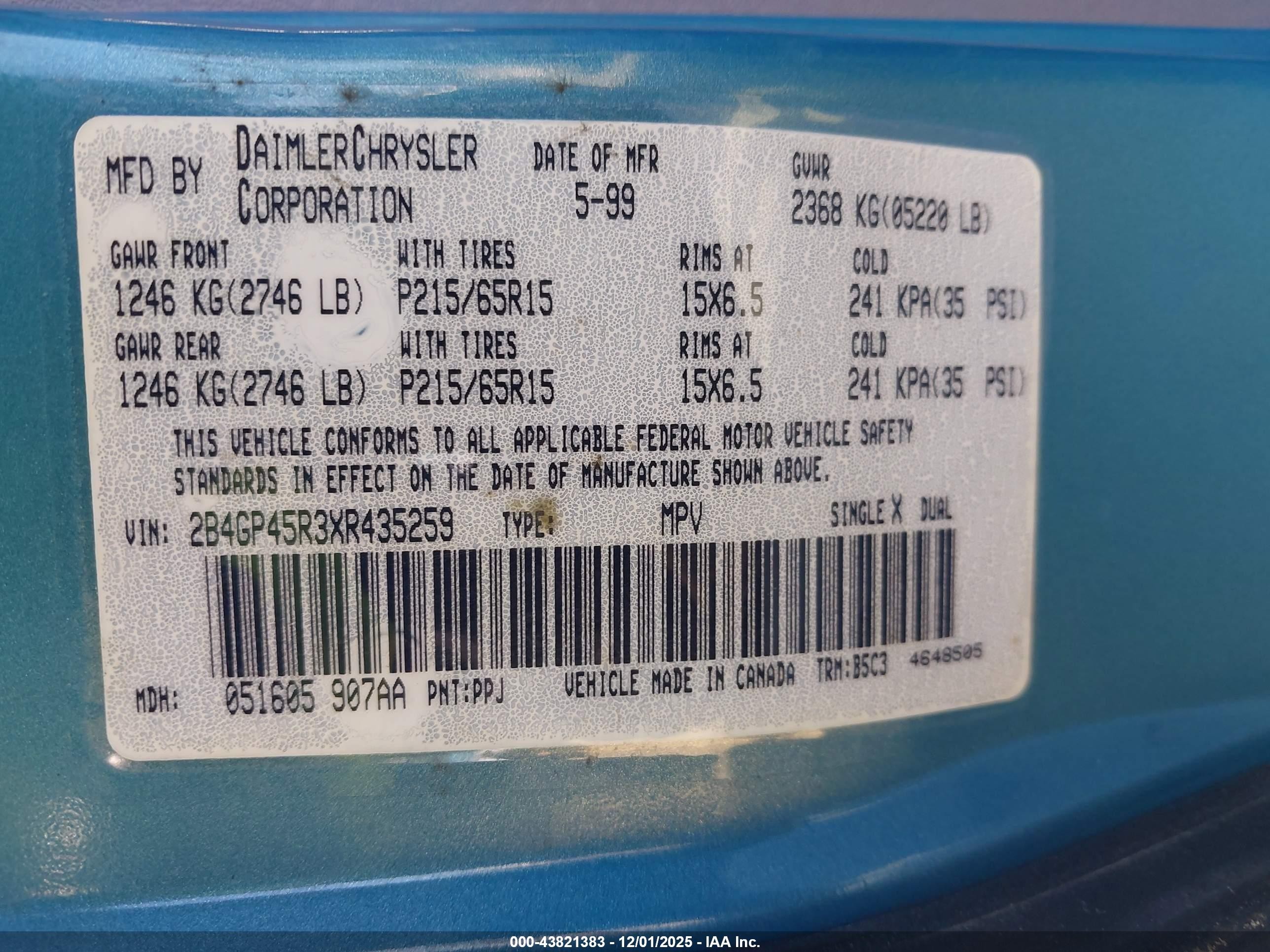 1999 Dodge Caravan Se Light Blue vin: 2B4GP45R3XR435259