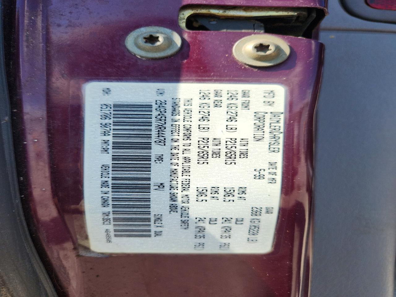 1999 Dodge Caravan Se/sport Purple vin: 2B4GP45R7XR444787