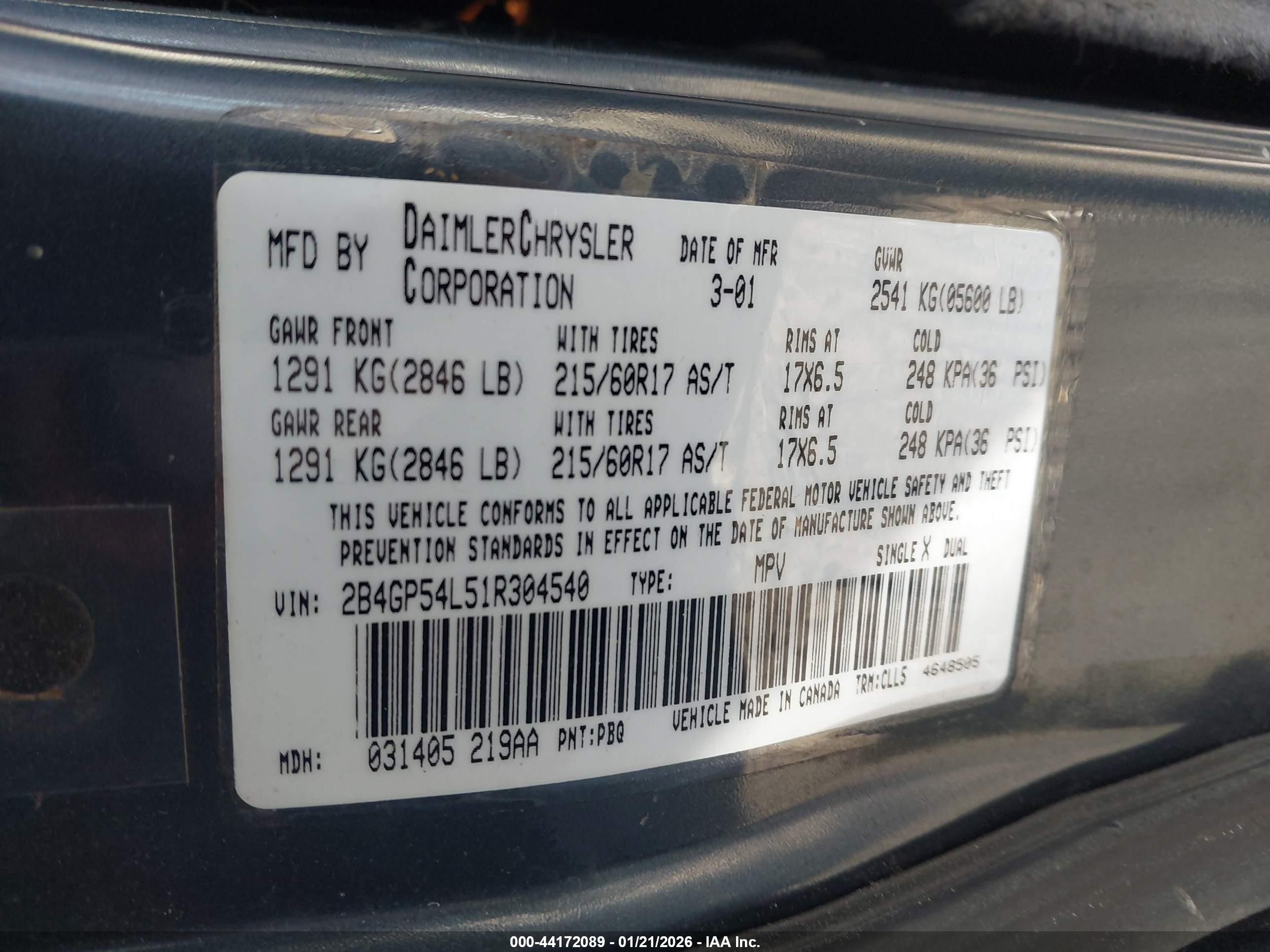 2001 Dodge Grand Caravan Es Gray vin: 2B4GP54L51R304540
