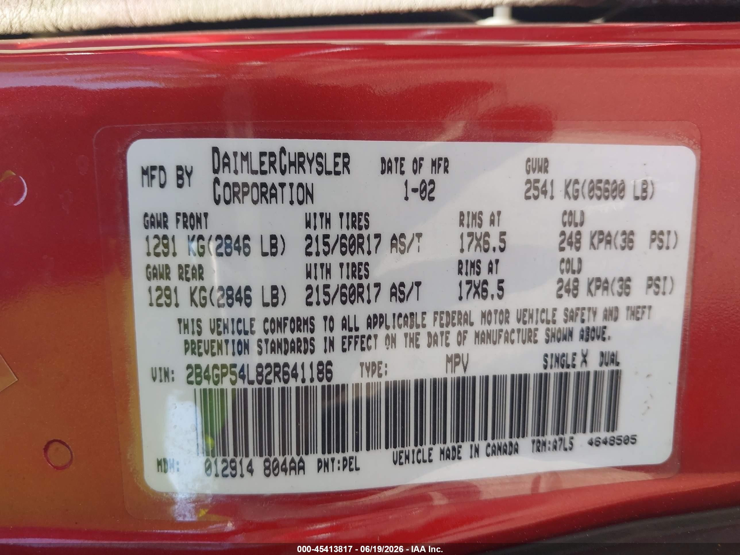 2002 Dodge Grand Caravan Es Red vin: 2B4GP54L82R641186