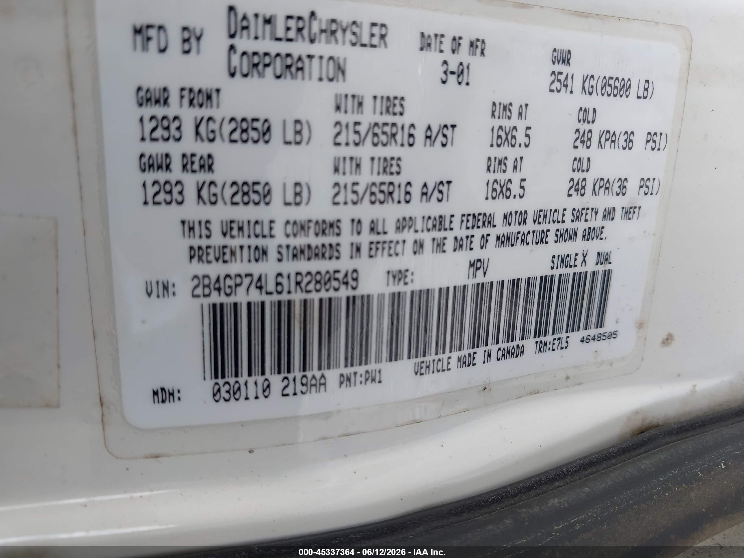 2001 Dodge Grand Caravan Ex White vin: 2B4GP74L61R280549