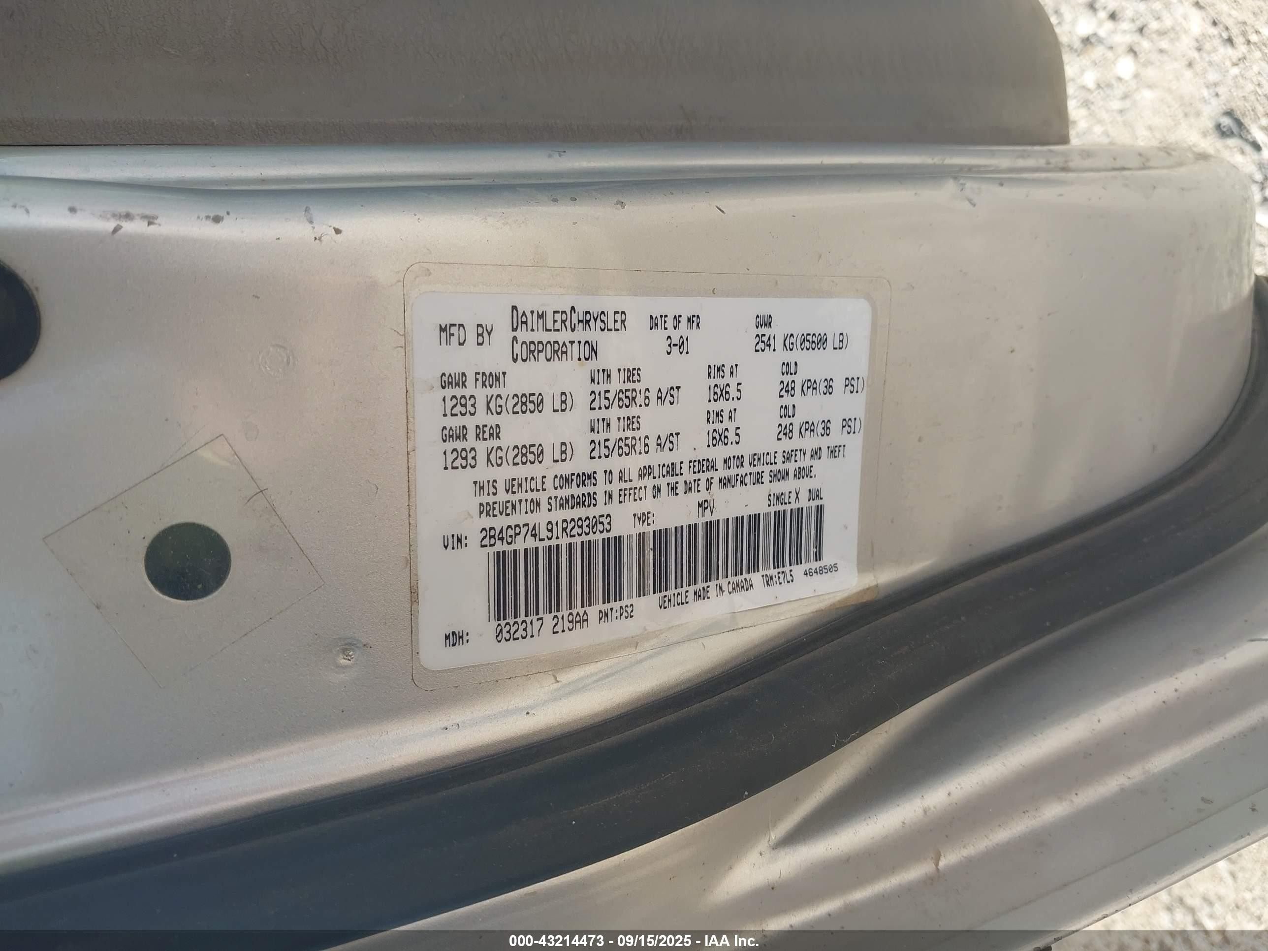 2001 Dodge Grand Caravan Ex Silver vin: 2B4GP74L91R293053