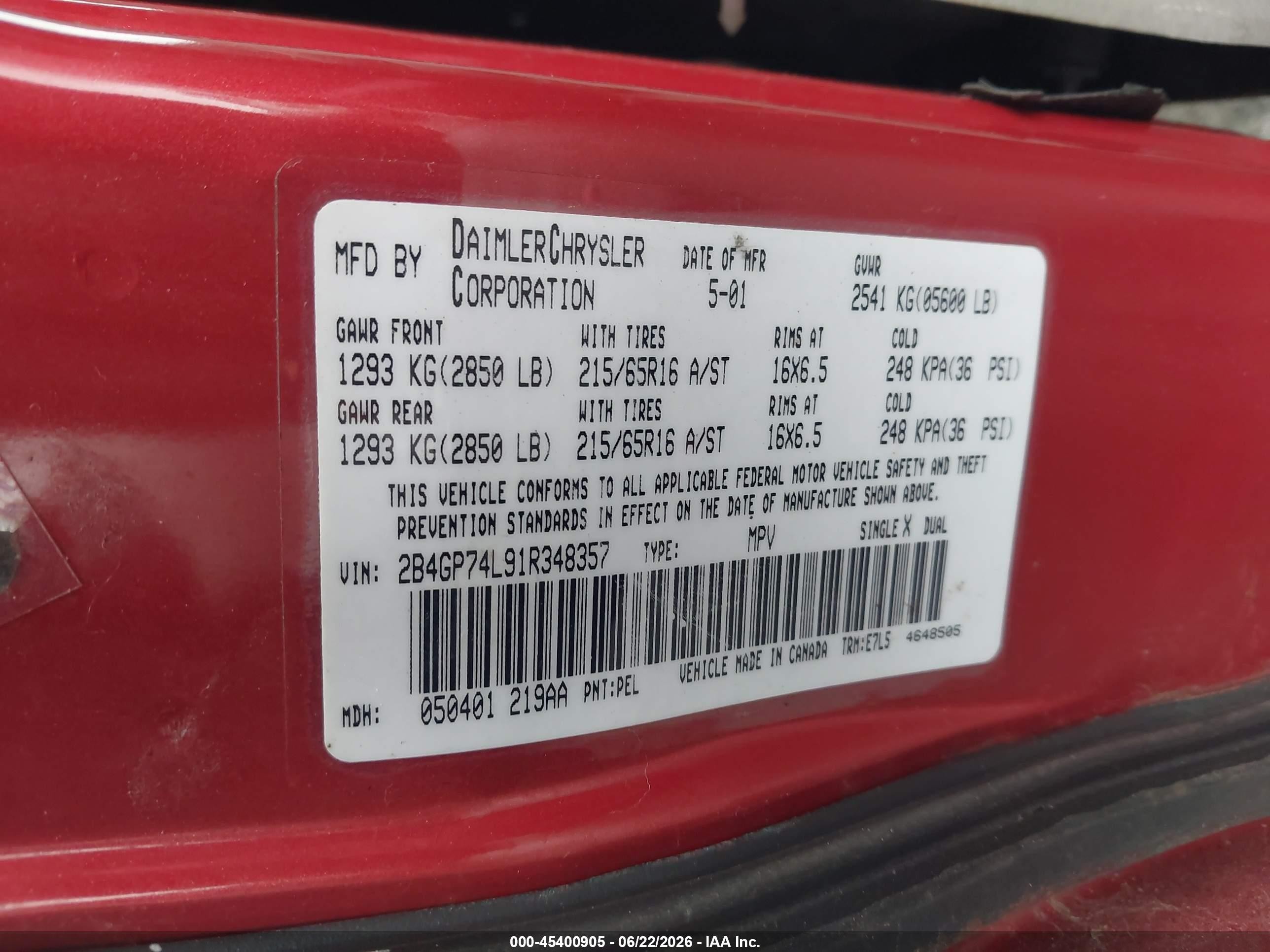 2001 Dodge Grand Caravan Ex Red vin: 2B4GP74L91R348357