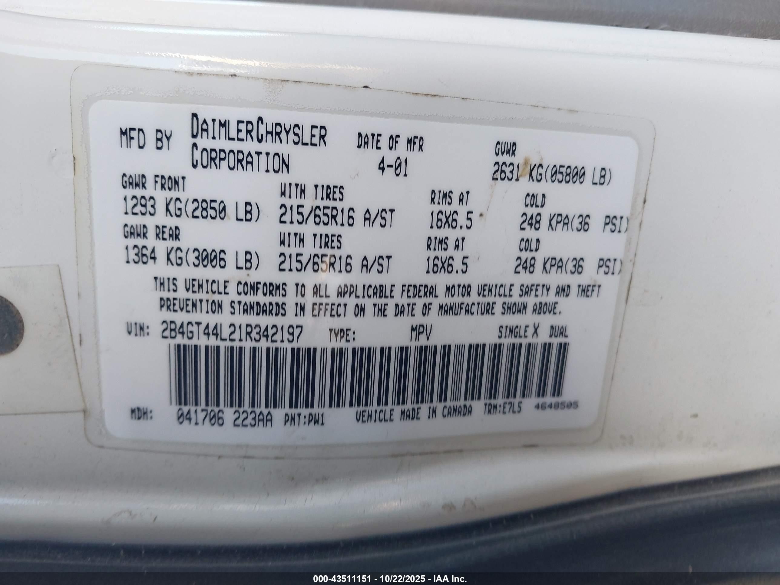 2001 Dodge Grand Caravan Sport White vin: 2B4GT44L21R342197