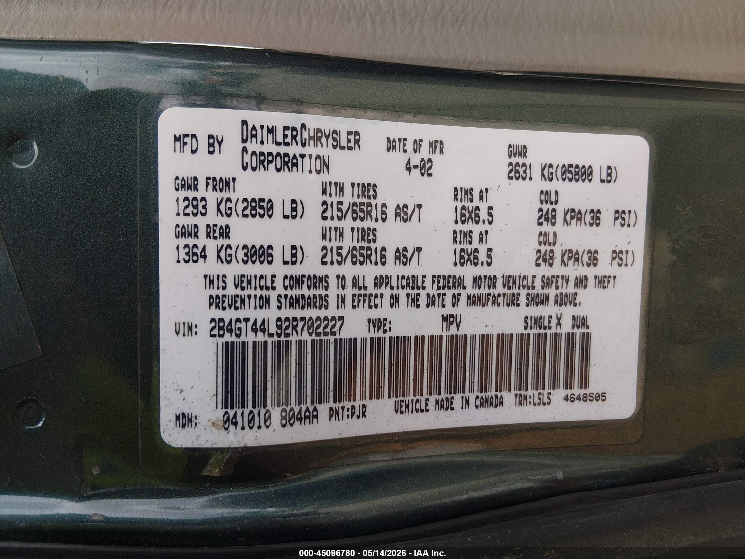 2002 Dodge Grand Caravan Sport Gray vin: 2B4GT44L92R702227