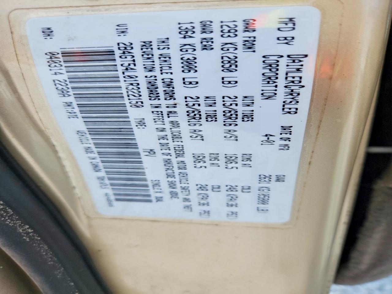2001 Dodge Grand Caravan Es Beige vin: 2B4GT54L01R322150