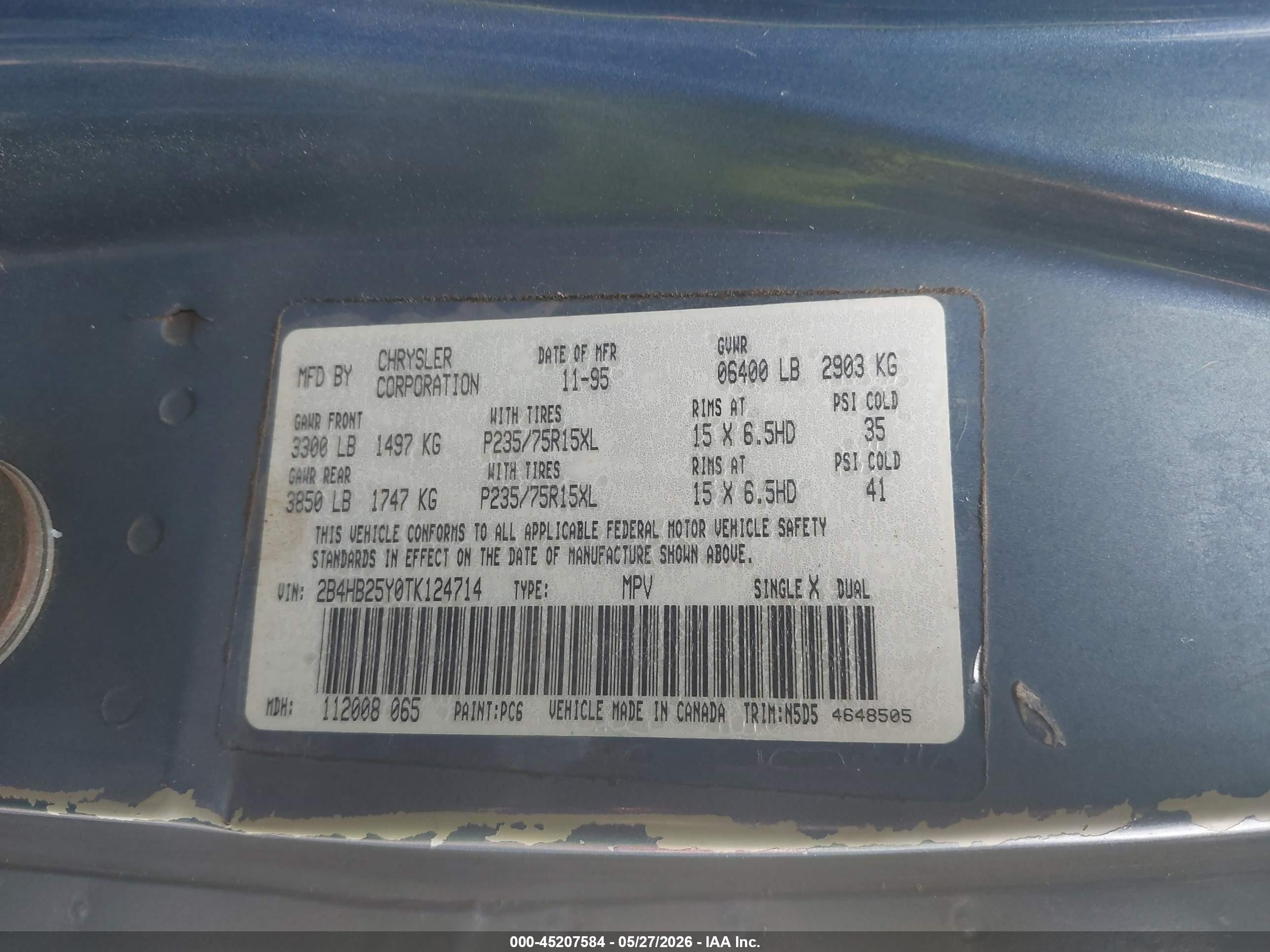 1996 Dodge Ram Wagon B2500 Blue vin: 2B4HB25Y0TK124714