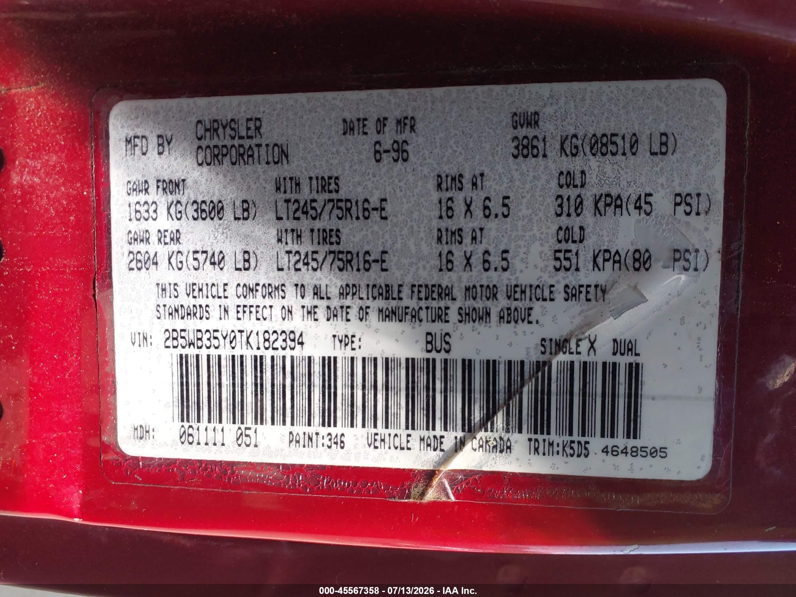 1996 Dodge Ram Wagon B3500 Red vin: 2B5WB35Y0TK182394