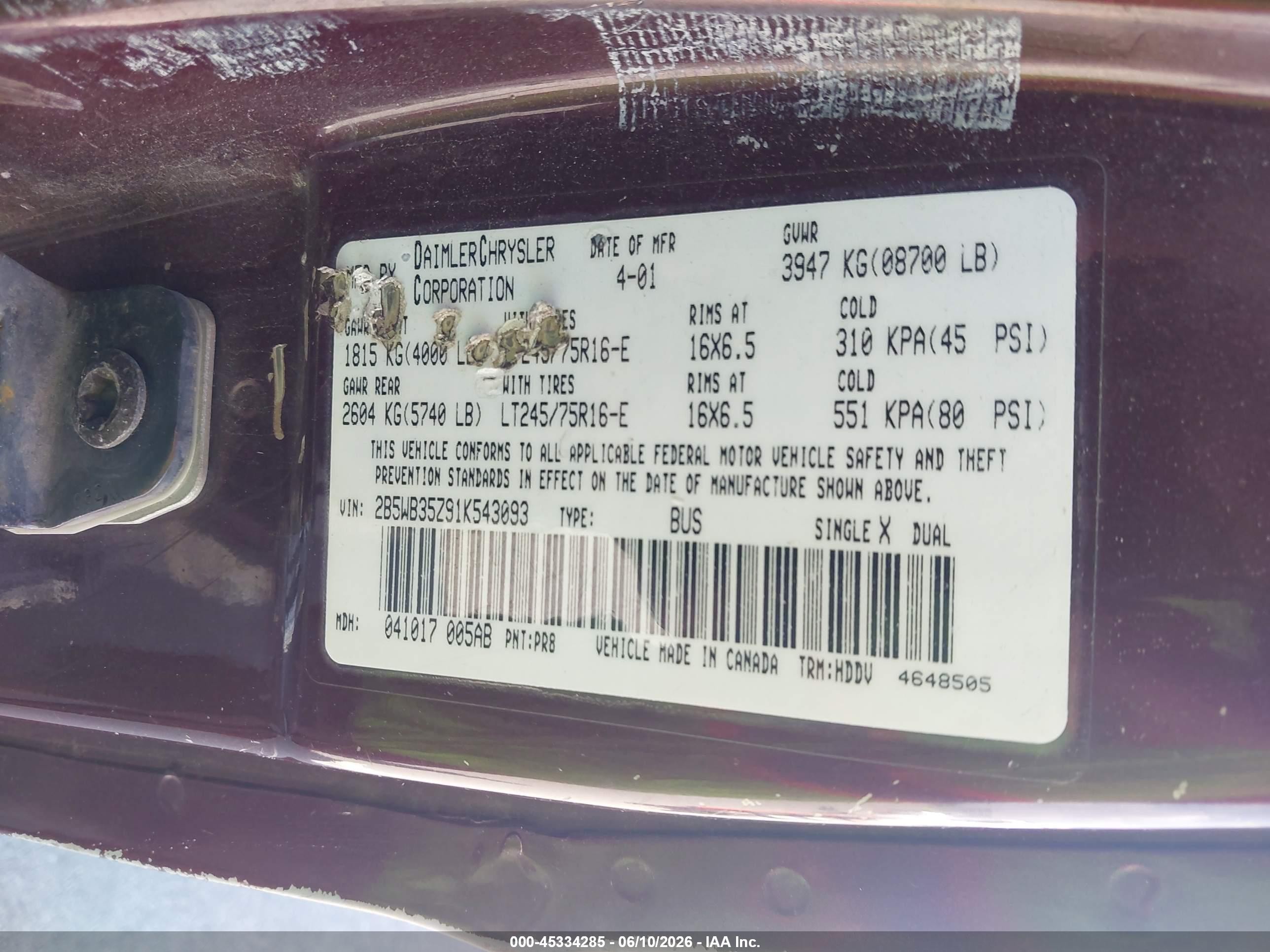 2001 Dodge Ram Wagon 3500   Burgundy vin: 2B5WB35Z91K543093