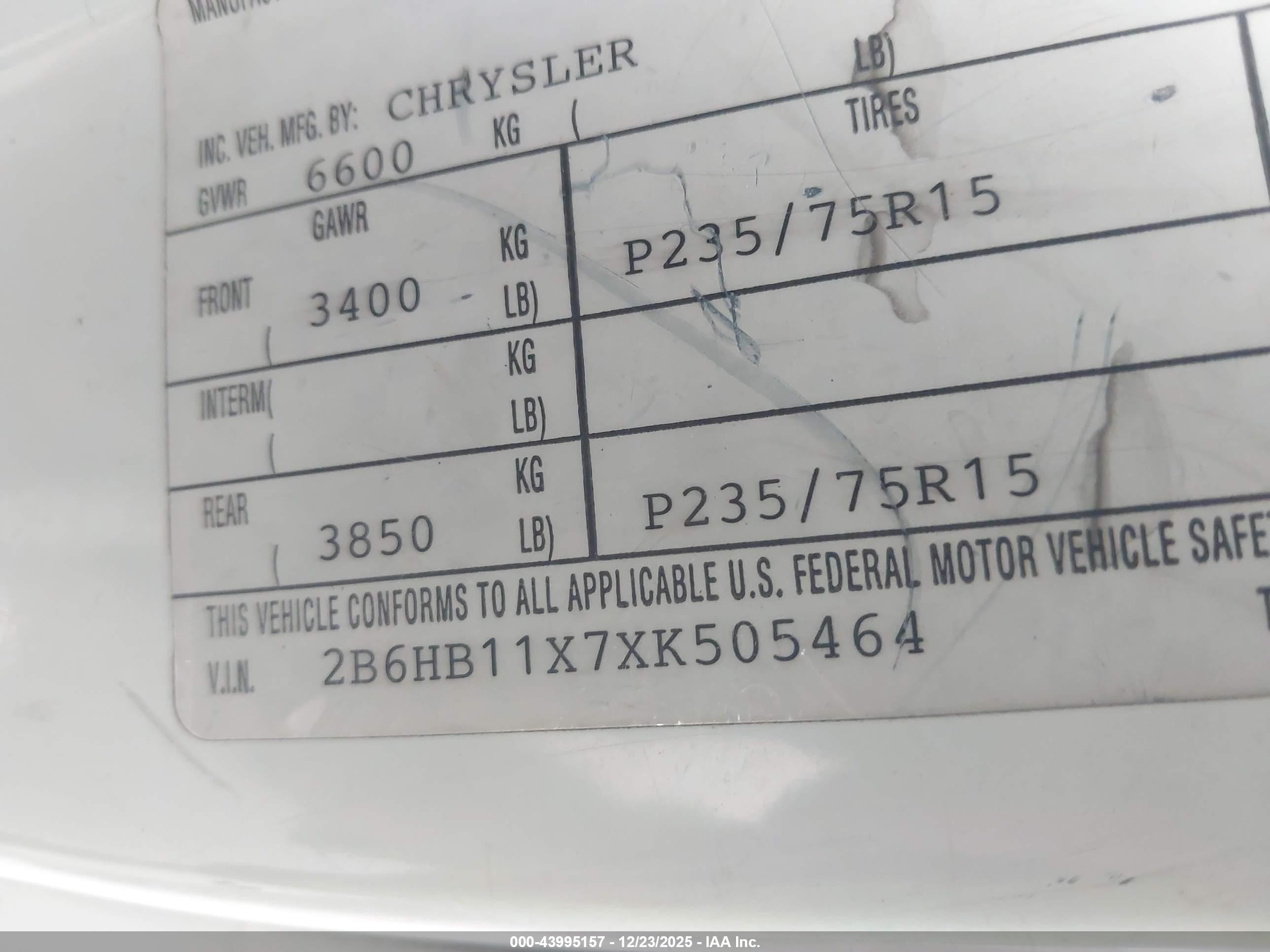 1999 Dodge Ram Van 1500 Commercial/conversion White vin: 2B6HB11X7XK505464