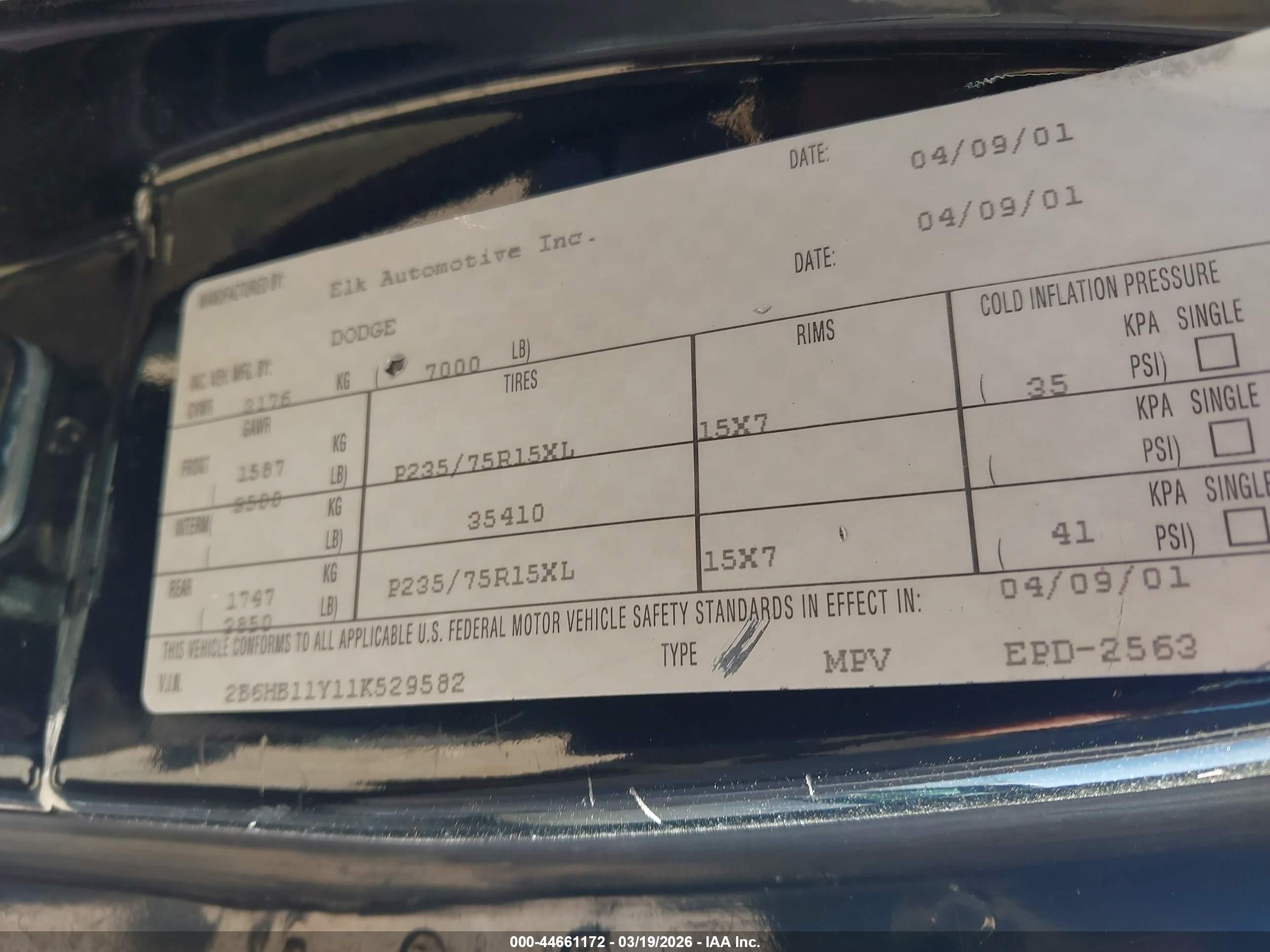 2001 Dodge Ram Van 1500 Conversion Black vin: 2B6HB11Y11K529582