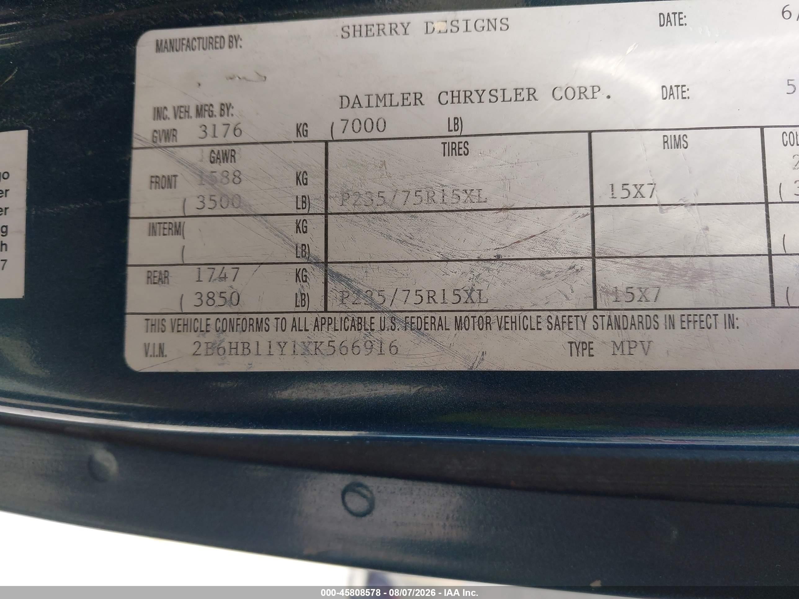 1999 Dodge Ram Van 1500 Commercial/conversion Blue vin: 2B6HB11Y1XK566916