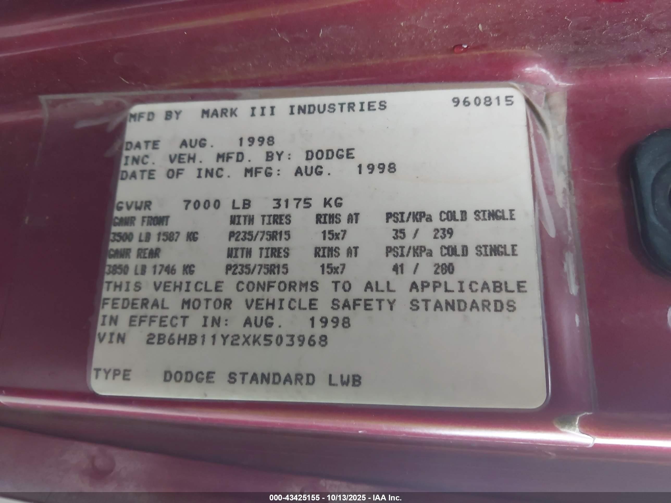 1999 Dodge Ram Van 1500 Commercial/conversion Red vin: 2B6HB11Y2XK503968