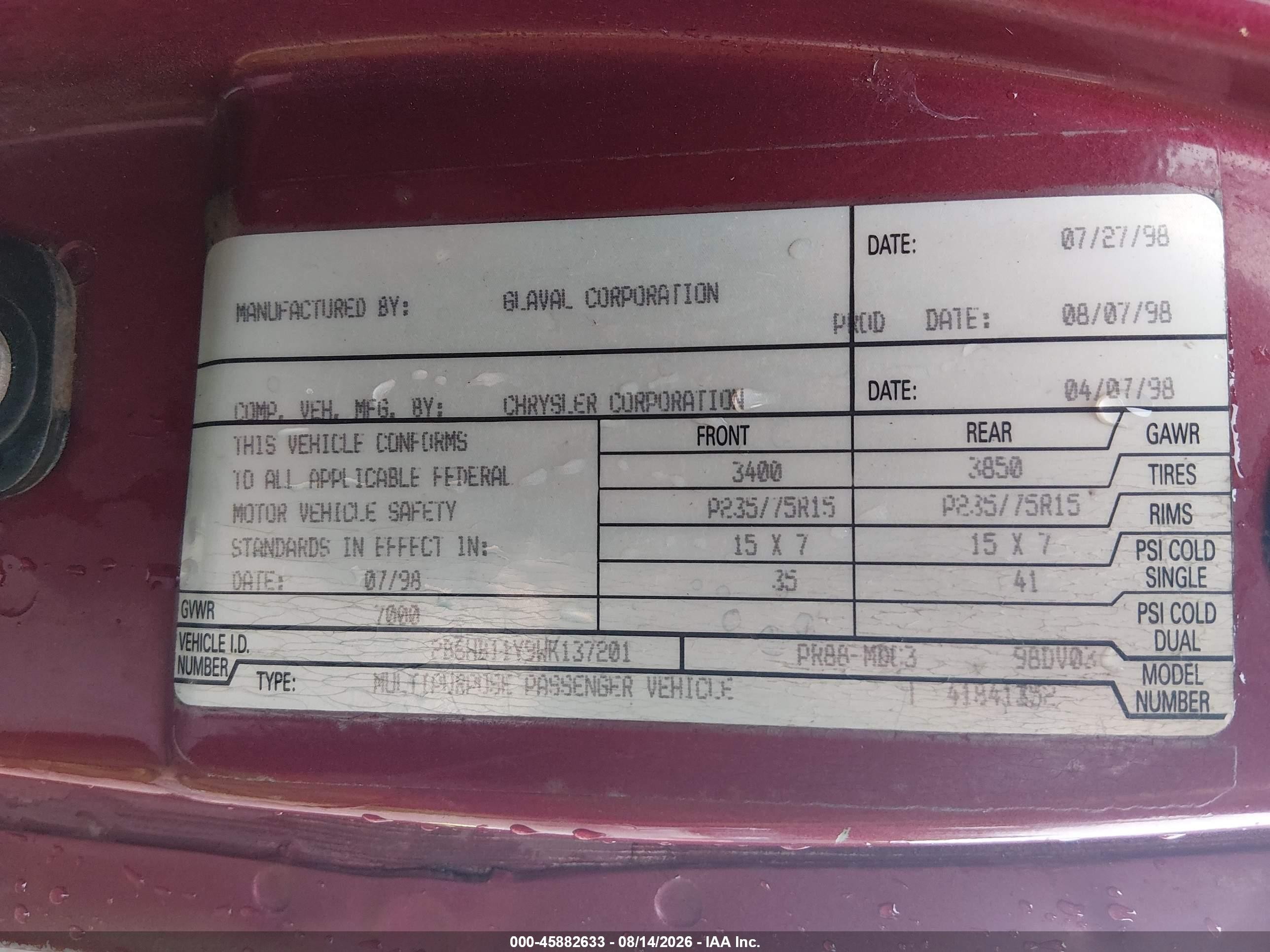 1998 Dodge Ram Van Commercial/conversion Red vin: 2B6HB11Y9WK137201