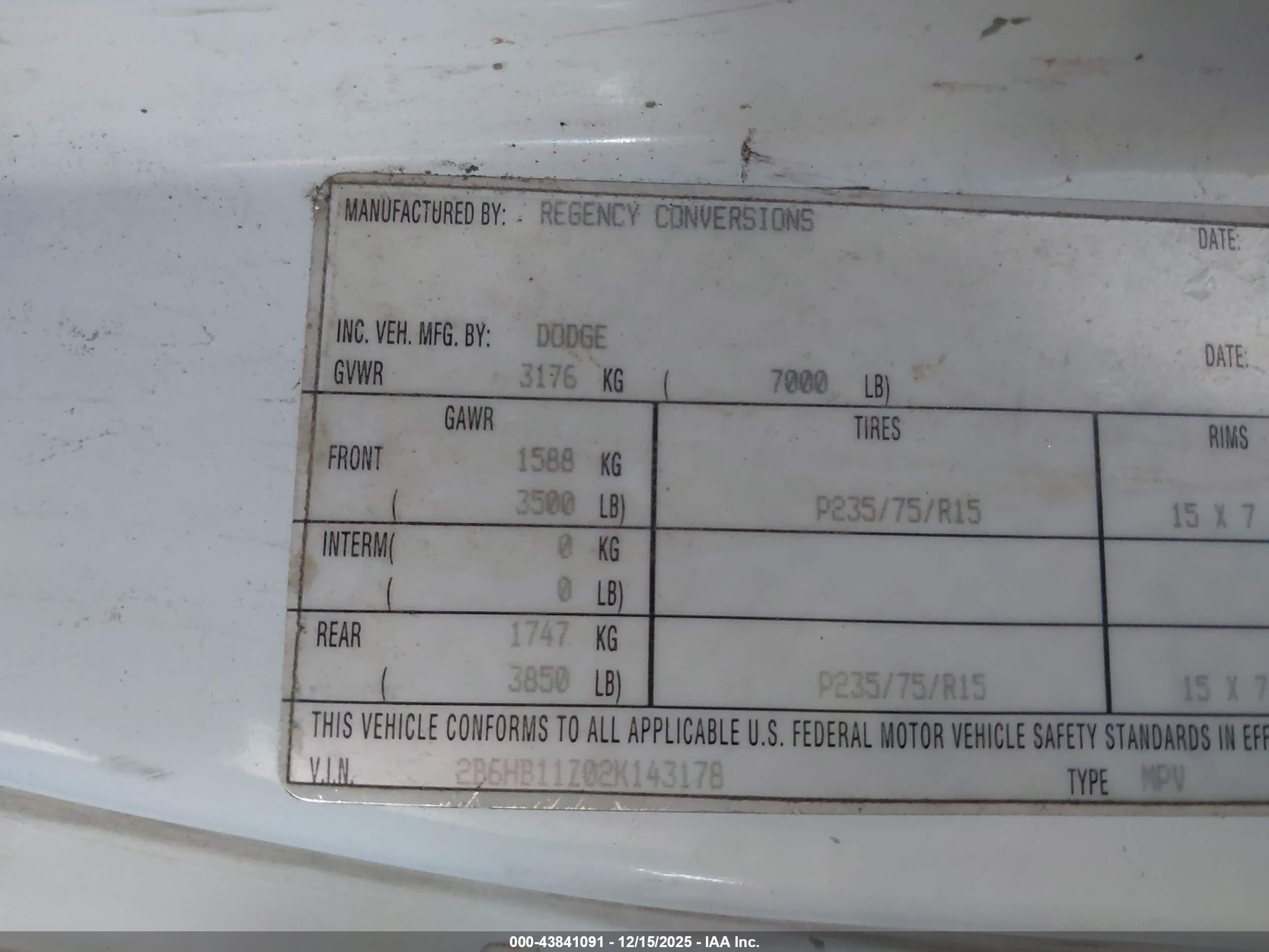 2002 Dodge Ram Van 1500 Conversion White vin: 2B6HB11Z02K143178
