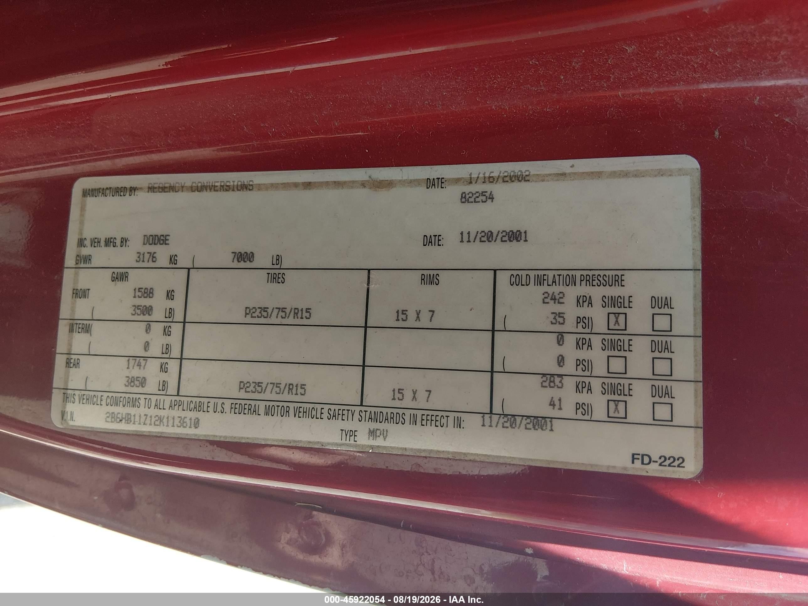 2002 Dodge Ram Van 1500 Conversion Red vin: 2B6HB11Z12K113610