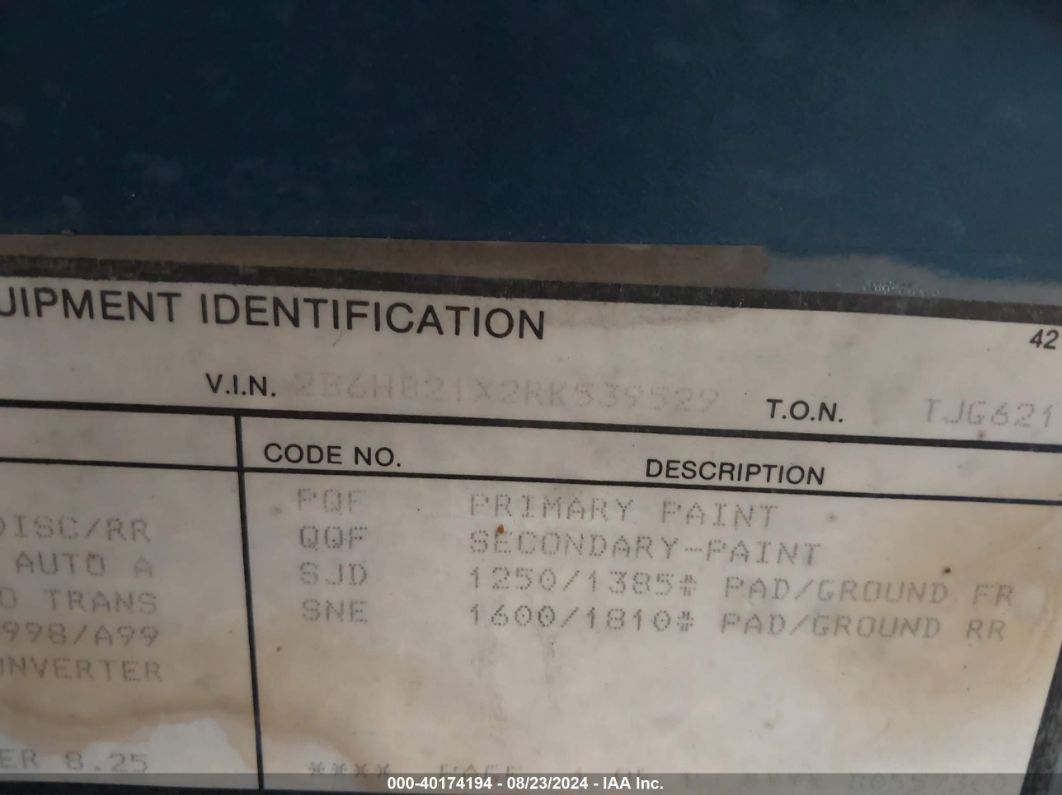 1994 Dodge Ram Van B250 Blue vin: 2B6HB21X2RK539529
