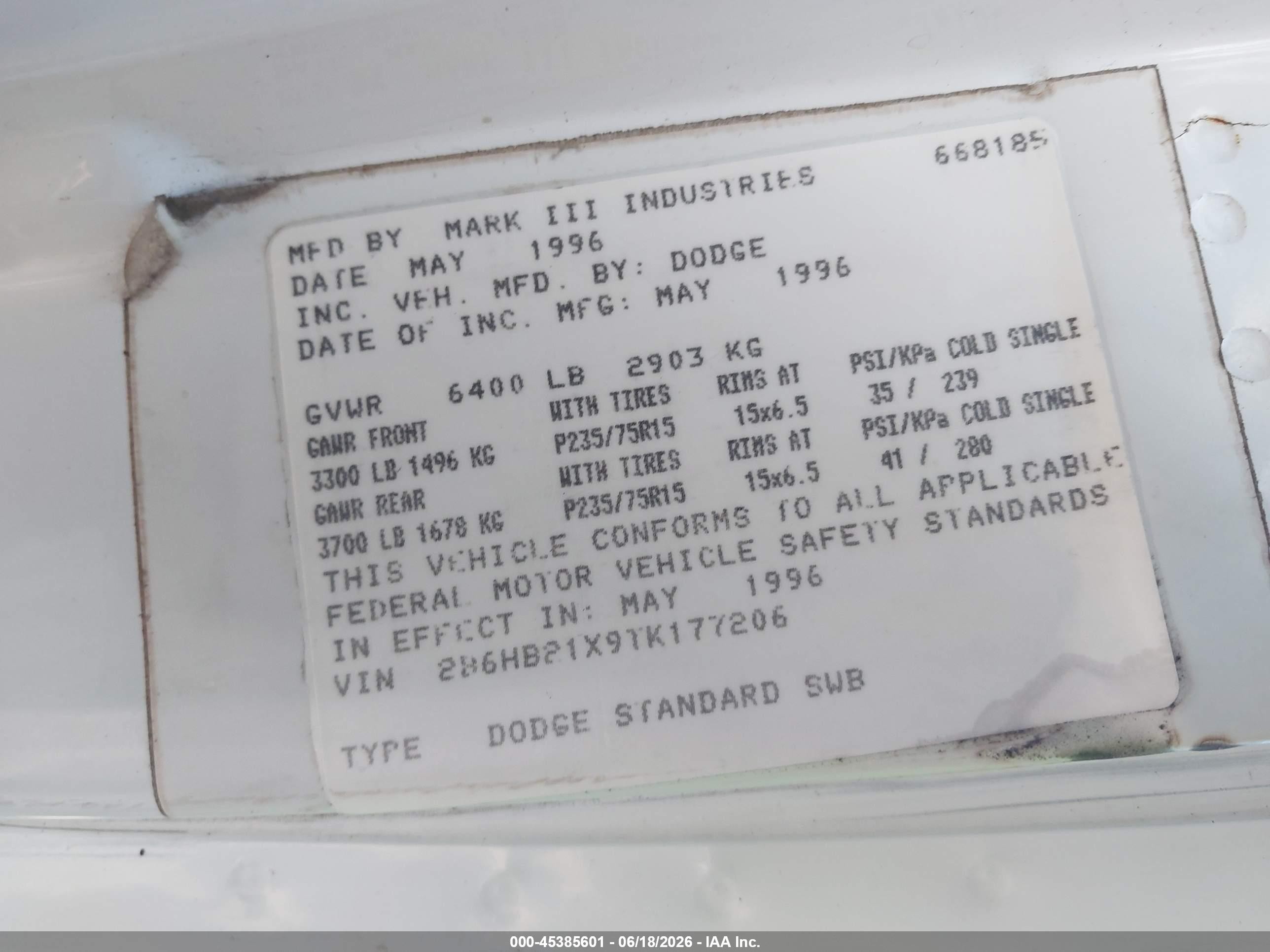 1996 Dodge Ram Van B2500 White vin: 2B6HB21X9TK177206
