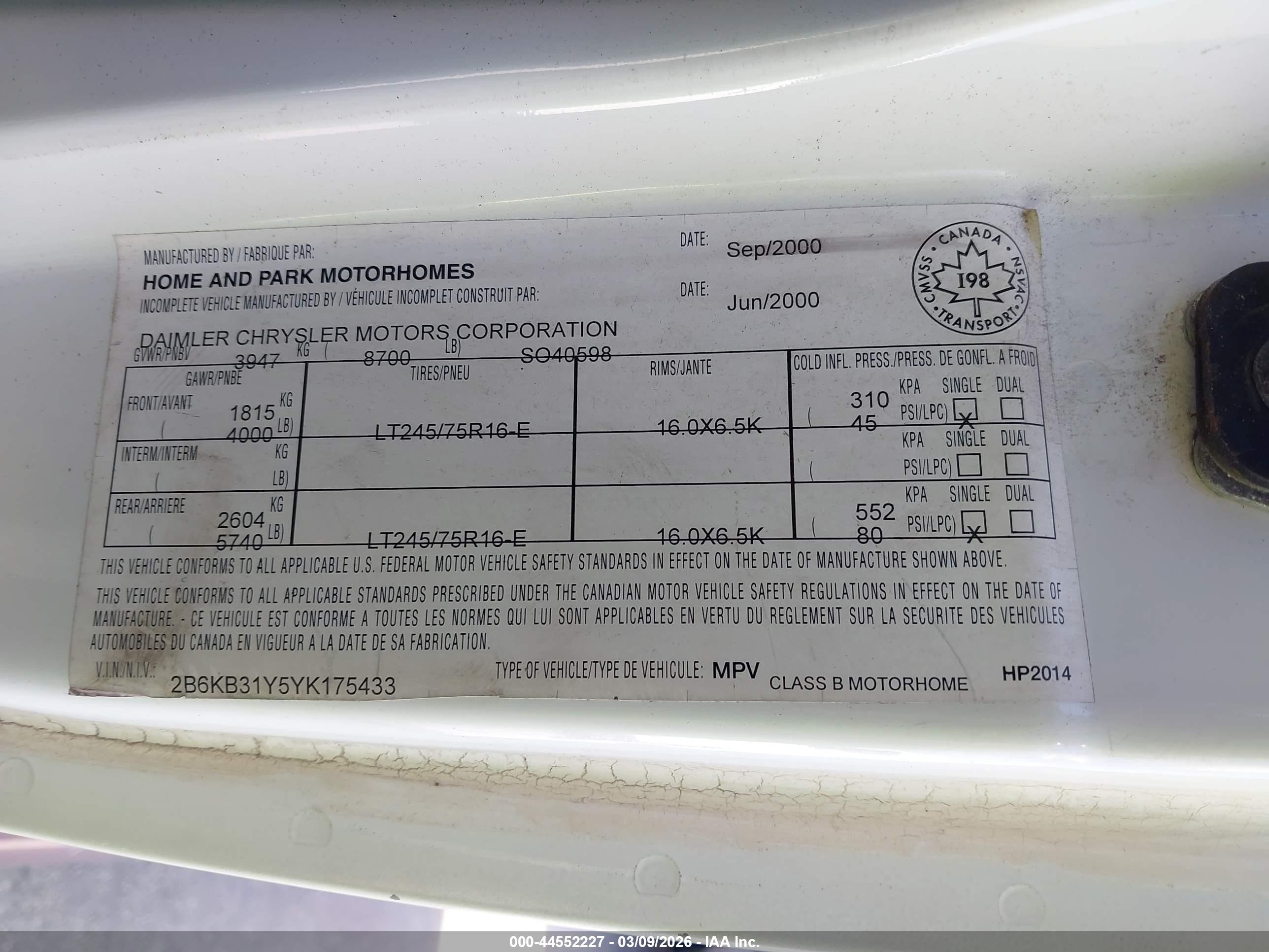 2000 Dodge Ram Van 3500 Conversion White vin: 2B6KB31Y5YK175433