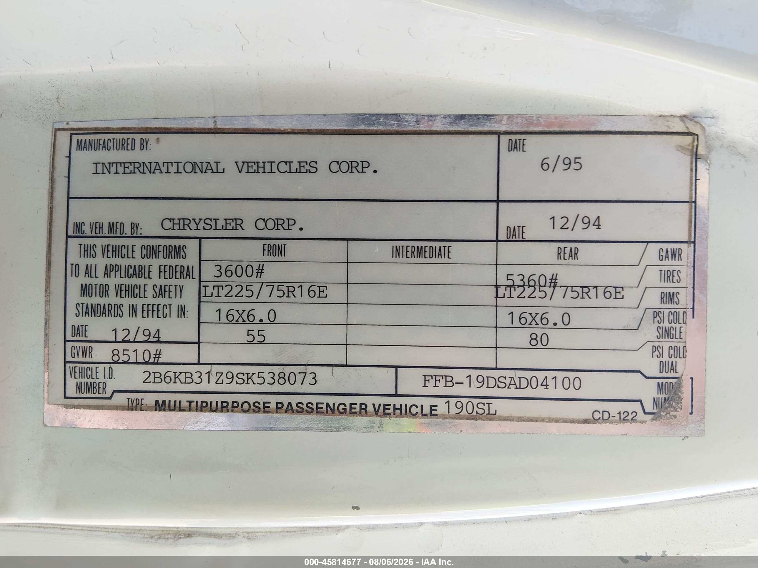 1995 Dodge Ram Van B3500 White vin: 2B6KB31Z9SK538073