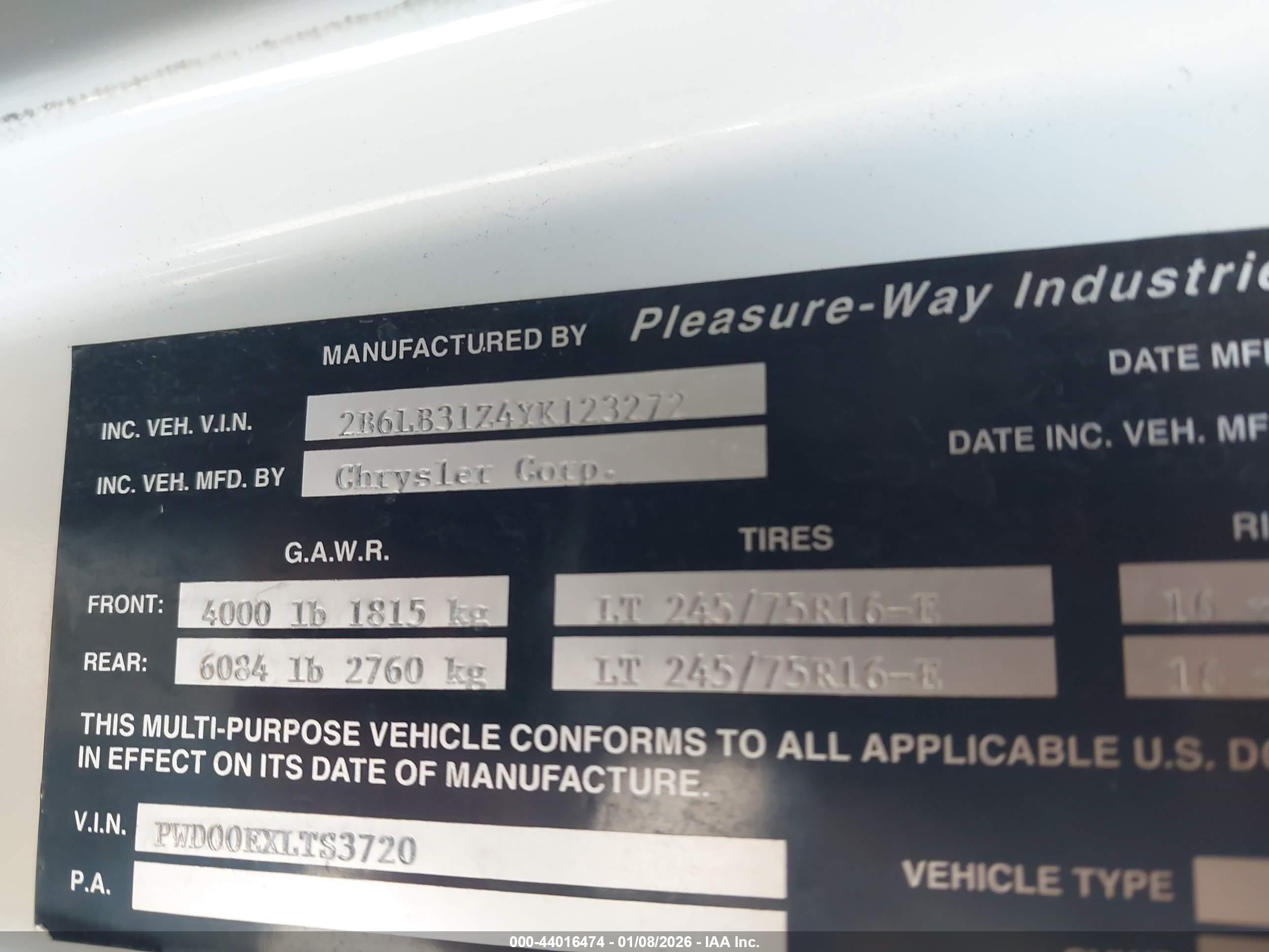2000 Dodge Ram Van 3500 Conversion White vin: 2B6LB31Z4YK123272